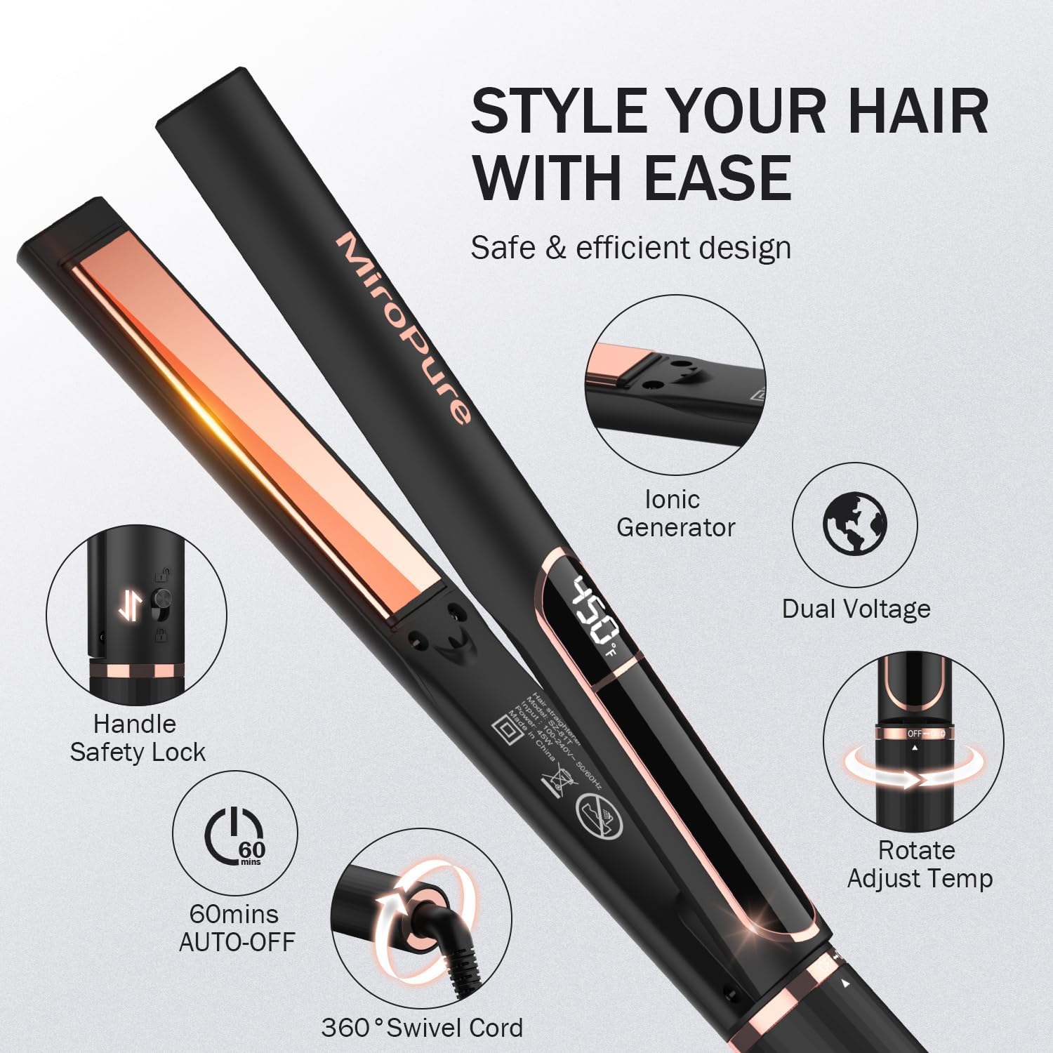Detalle 2 de MiroPure Flat Iron Hair Straightener: 1-Inch Titanium Plates, 15-Second Heat-Up, Auto Shut-Off, and Dual Voltage