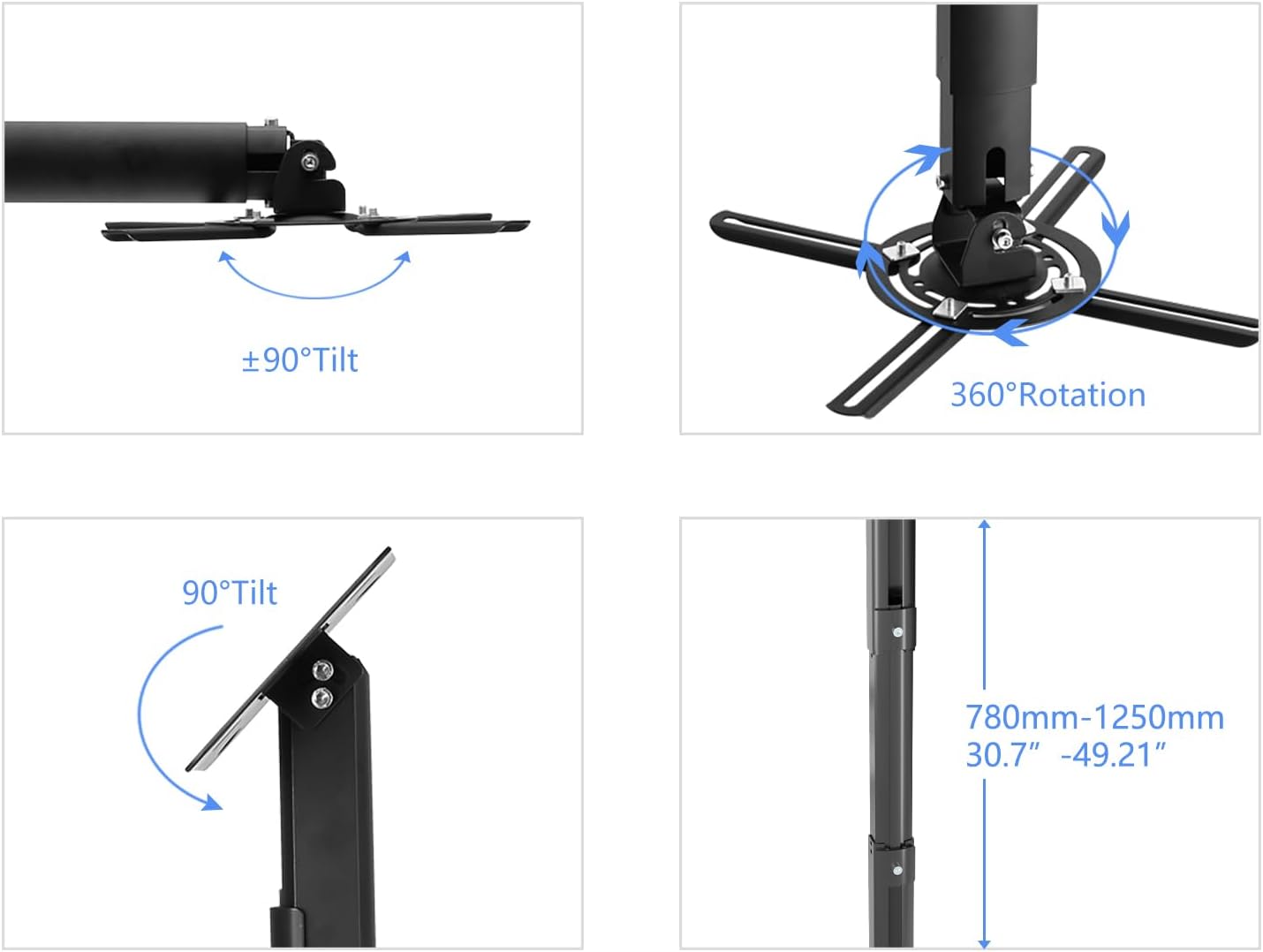 Detalle 2 de suptek Beamer-Deckenhalterung PR05LB (780–1250 mm), 360° drehbar, bis 13,6 kg, schwarz