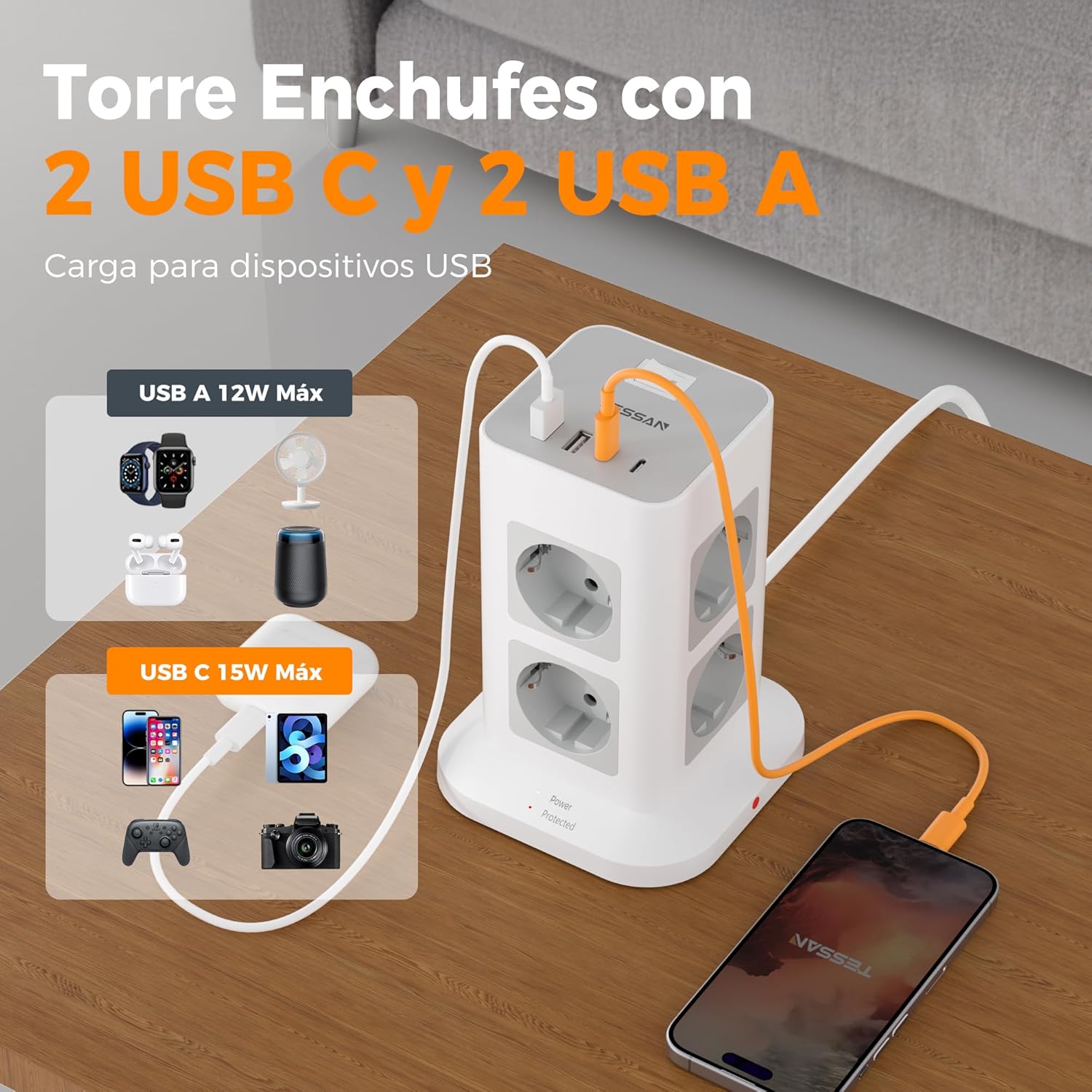 Thumbnail 2 de TESSAN 8-Fach Mehrfachsteckdose mit 2× USB-C und Überspannungsschutz – Steckdosenturm mit 2-m-Kabel und Schalter