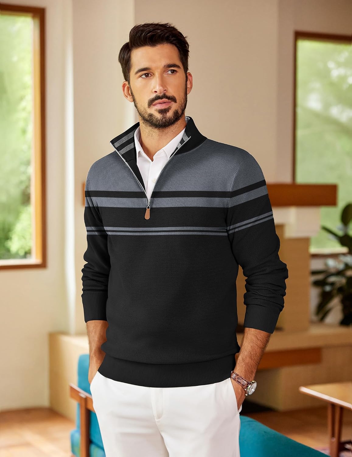 Detalle de COOFANDY Men's Quarter-Zip Knit Sweater