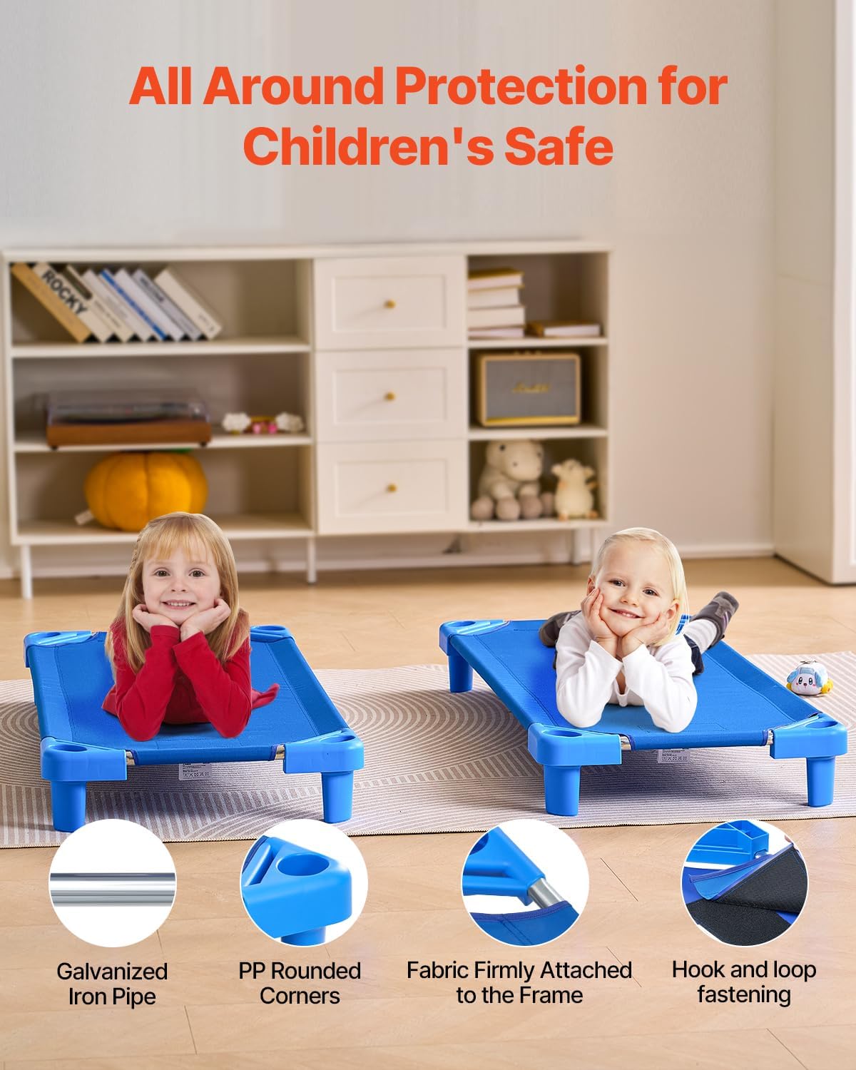 Detalle de VEVOR QL130-6 Stackable Kids Cots, 6-Pack, Blue, 52" x 23