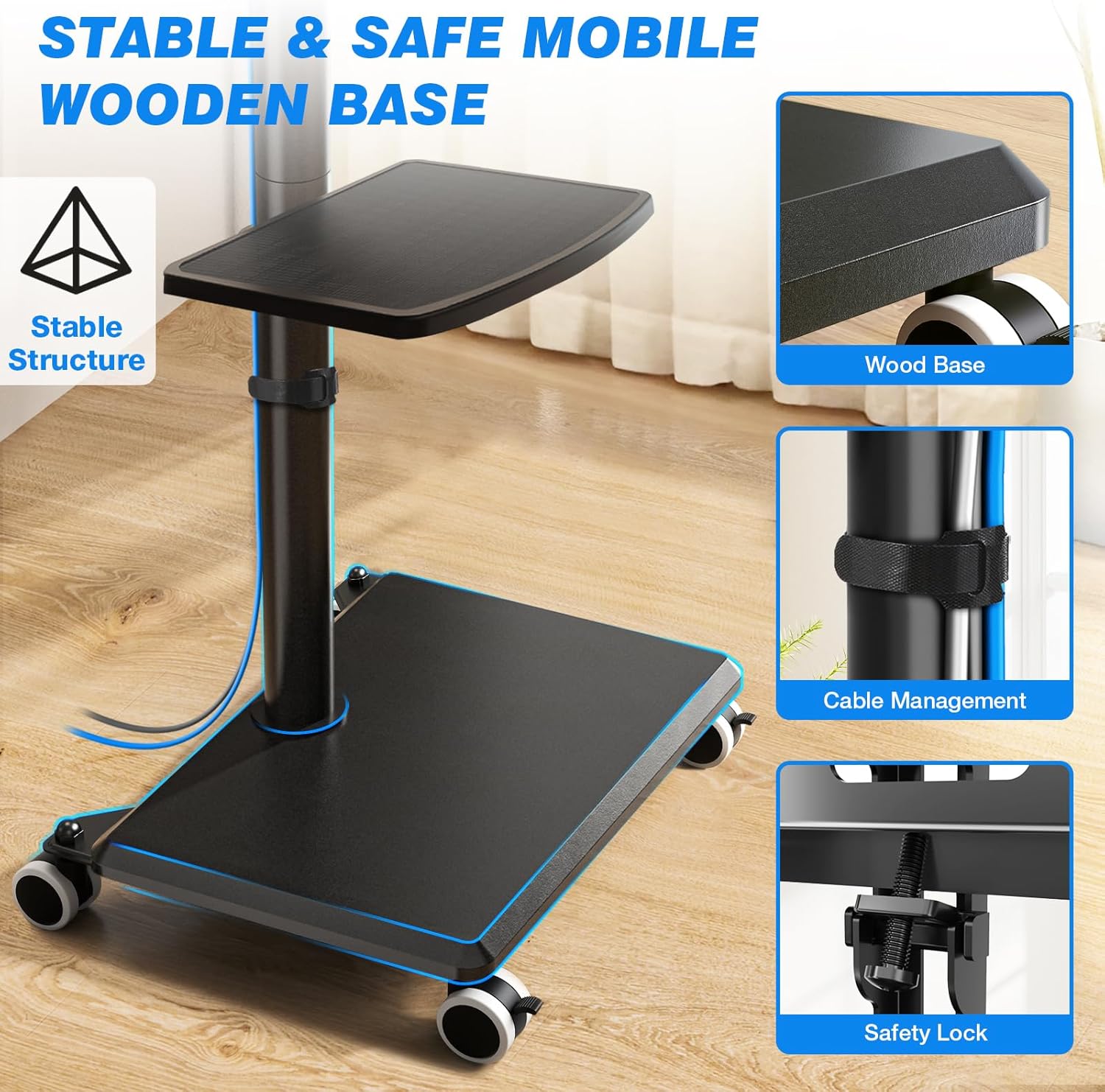 Thumbnail 2 de 5Rcom support TV sur pied à roulettes (VESA 400×400) pivotant et réglable en hauteur pour écrans 27 à 55 pouces, base en bois (noir)