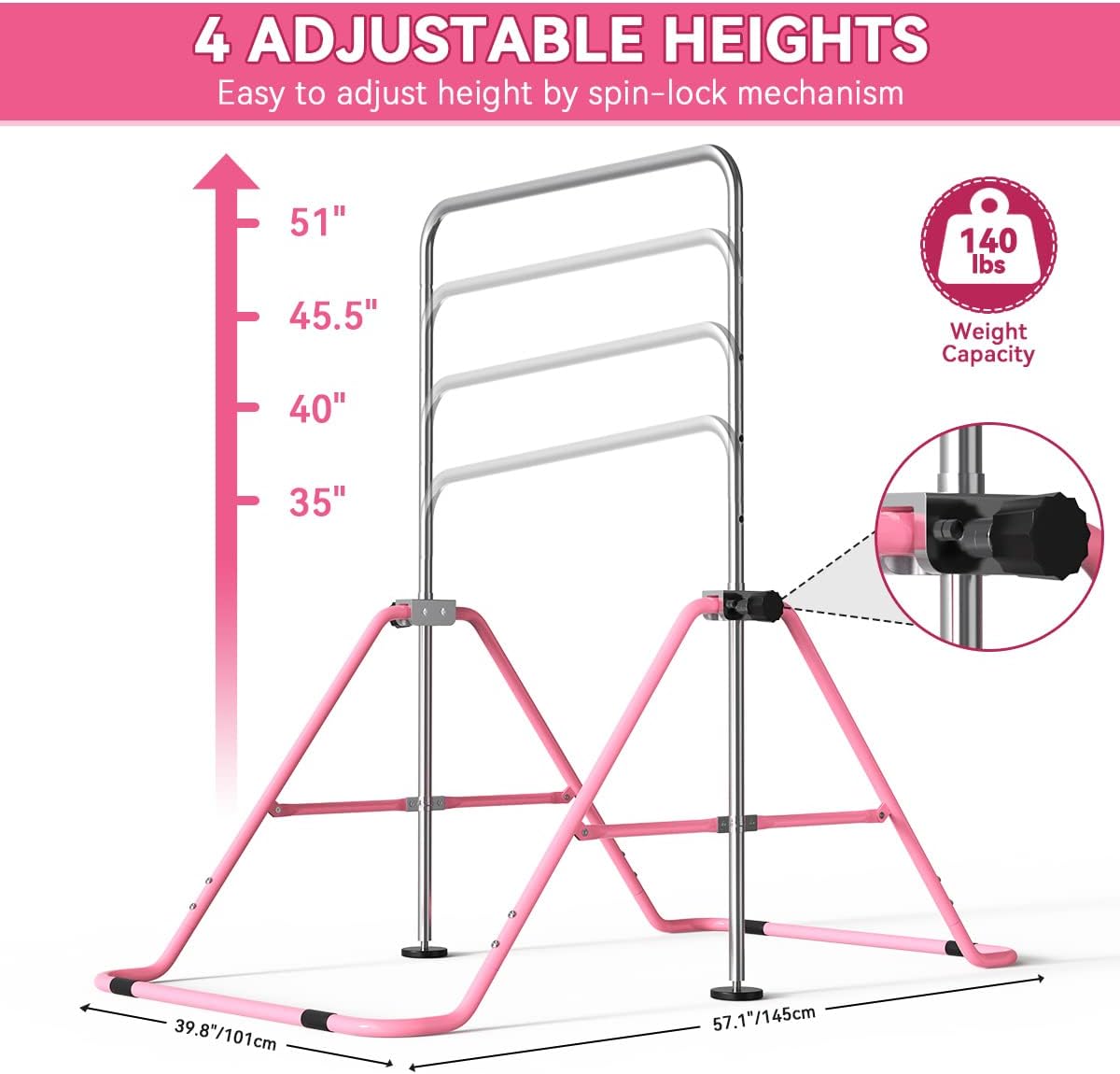 Detalle 2 de FBSPORT Gymnastics Bar for Kids (foldable, adjustable height horizontal bar) – supports 140lbs