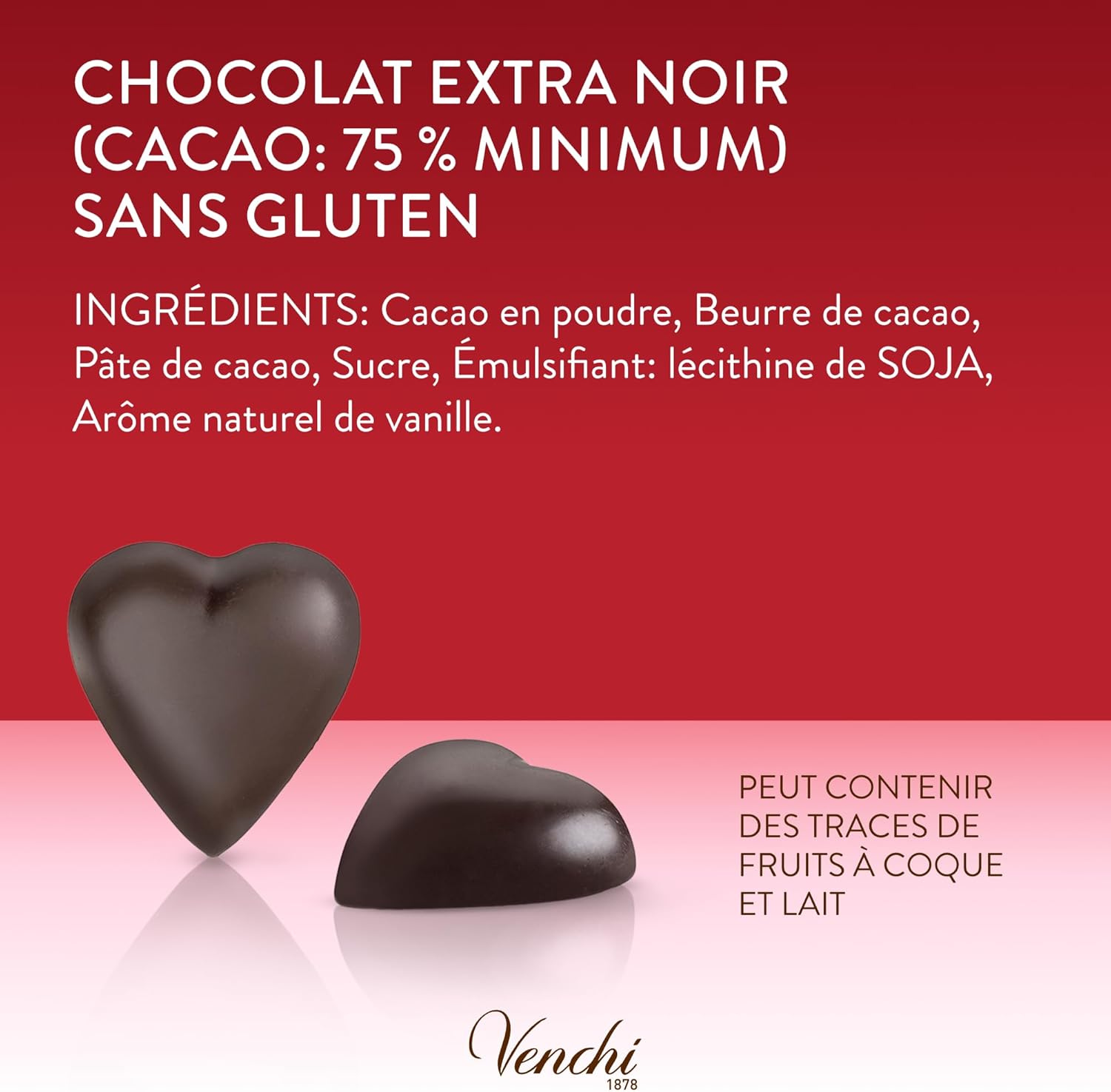Detalle de Venchi Chocolats Valentines Extra Noirs 75% – Cœur, 1 kg, sans gluten, végan
