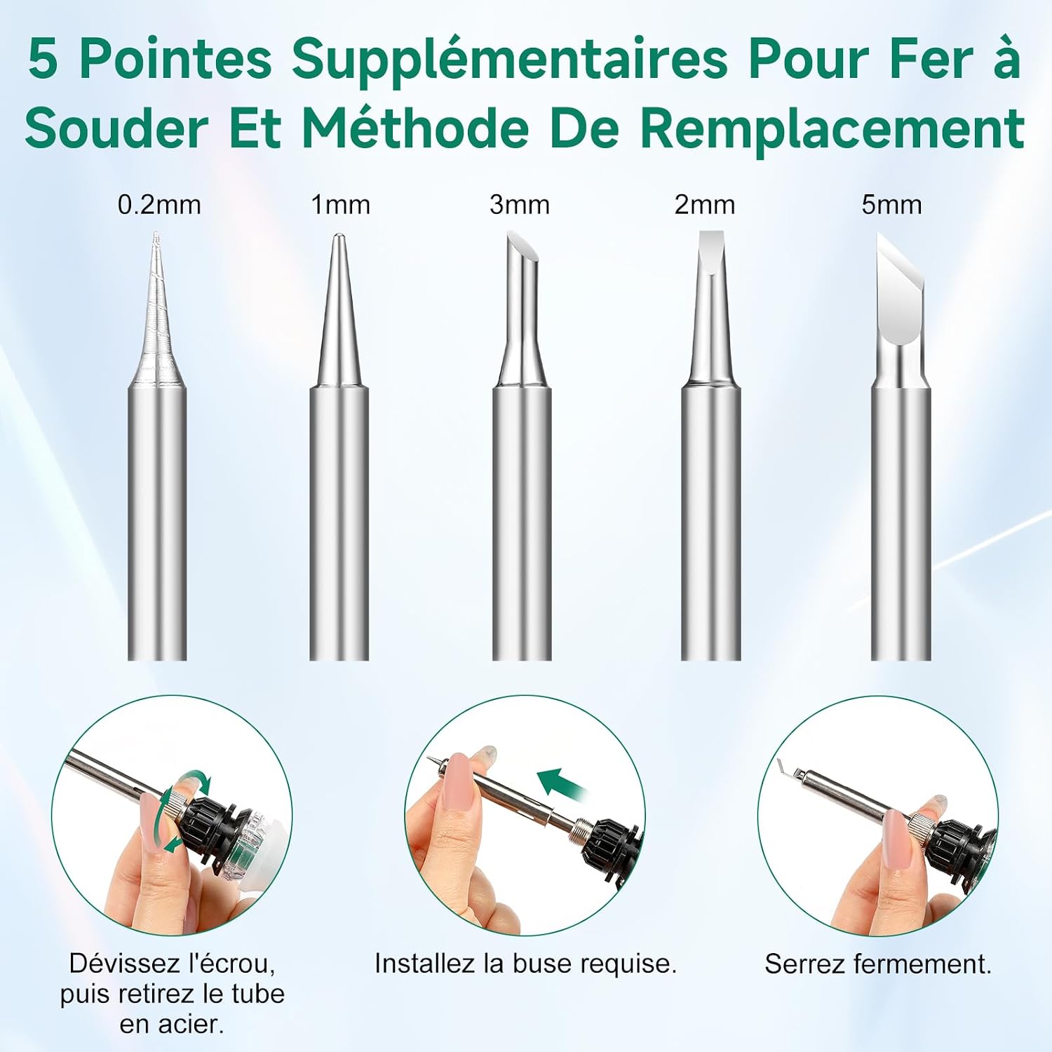 Thumbnail 6 de Kit fer à souder OneAmg 80 W à température réglable 180–500 °C (5 pannes) avec fil, pompe à dessouder et accessoires