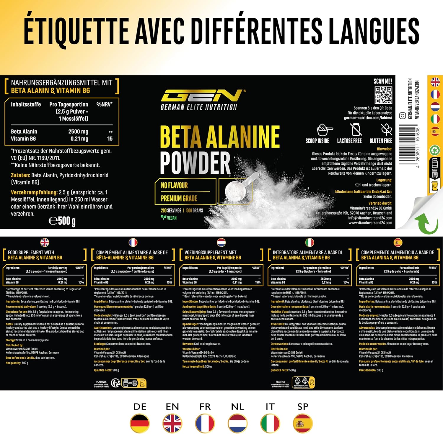Thumbnail 5 de Bêta Alanine – 500 g Poudre Pure sans additifs, pureté >99% – Vegan – German Elite Nutrition