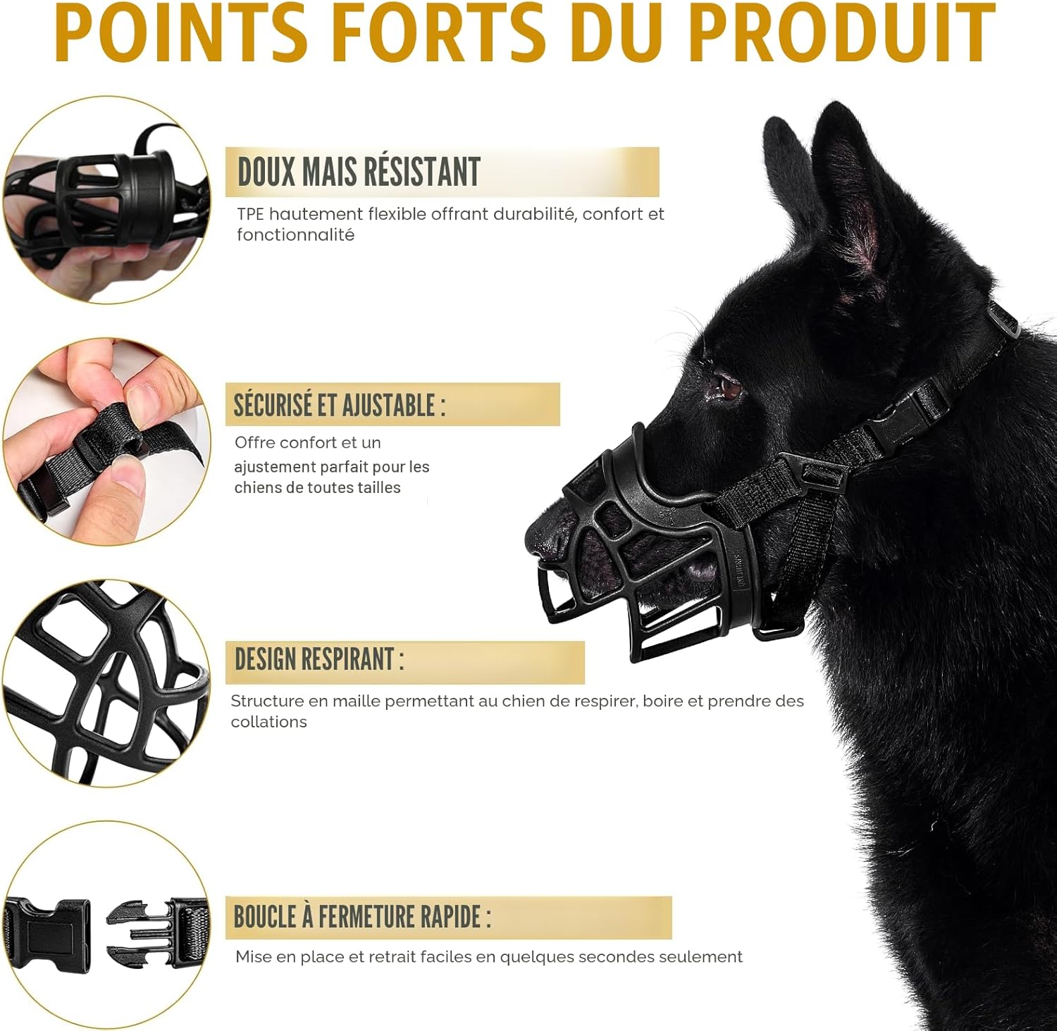 Detalle de OneTigris Muselière souple pour chiens en caoutchouc résistant avec sangle réglable – Taille XL (5)