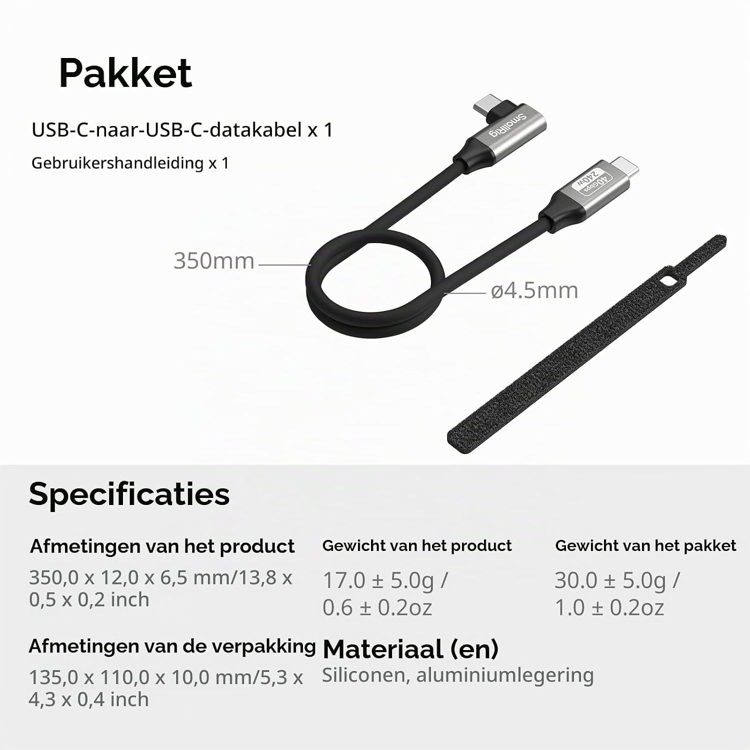 Thumbnail 6 de SMALLRIG 5075 USB4-kabel van 35 cm, 240 W, 40 Gbps en haakse aansluiting