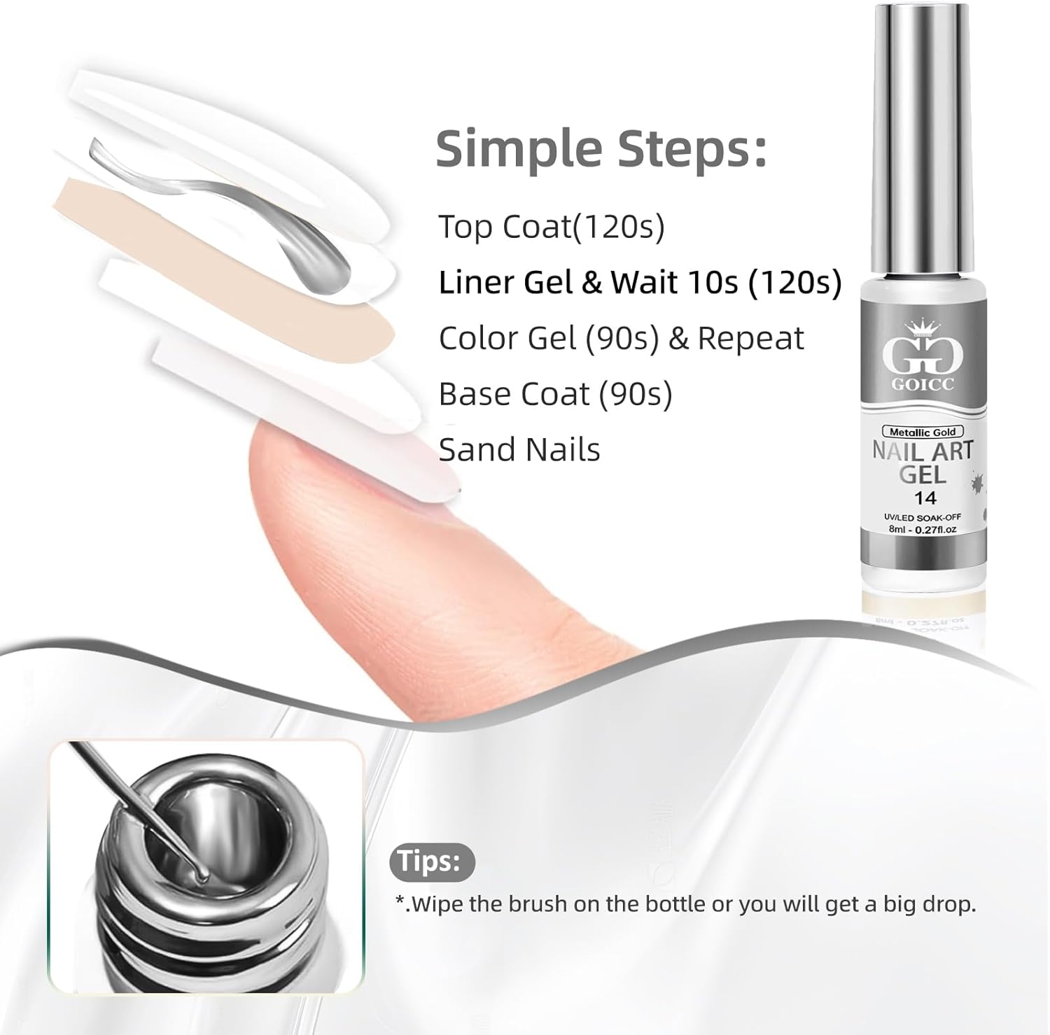 Thumbnail 5 de Metallic Painting Gel Liner Argento 8 ml per nail art effetto mirror chrome UV/LED