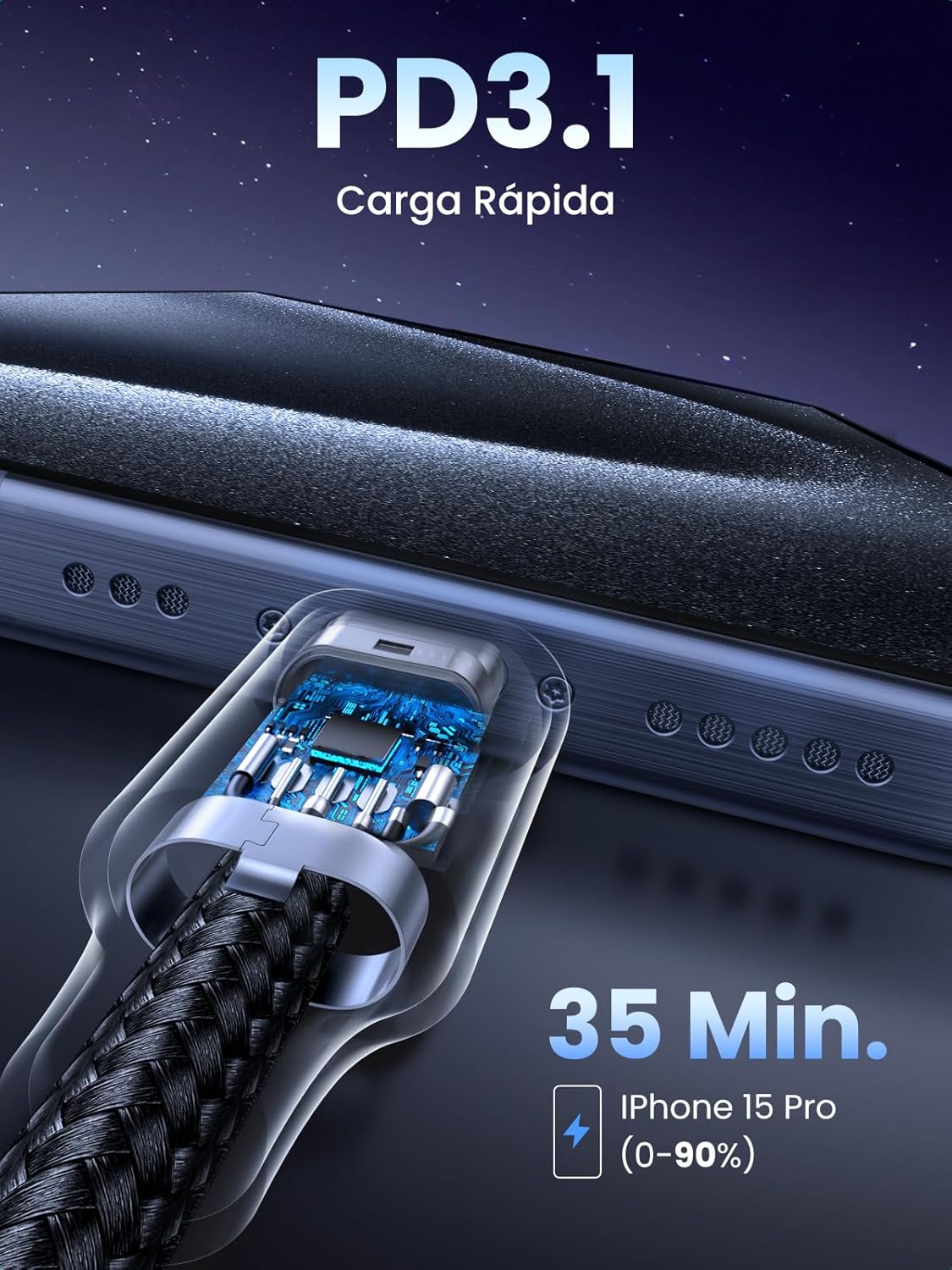 Detalle de UGREEN Cable USB C 240W Carga Rápida para Dispositivos ⚡