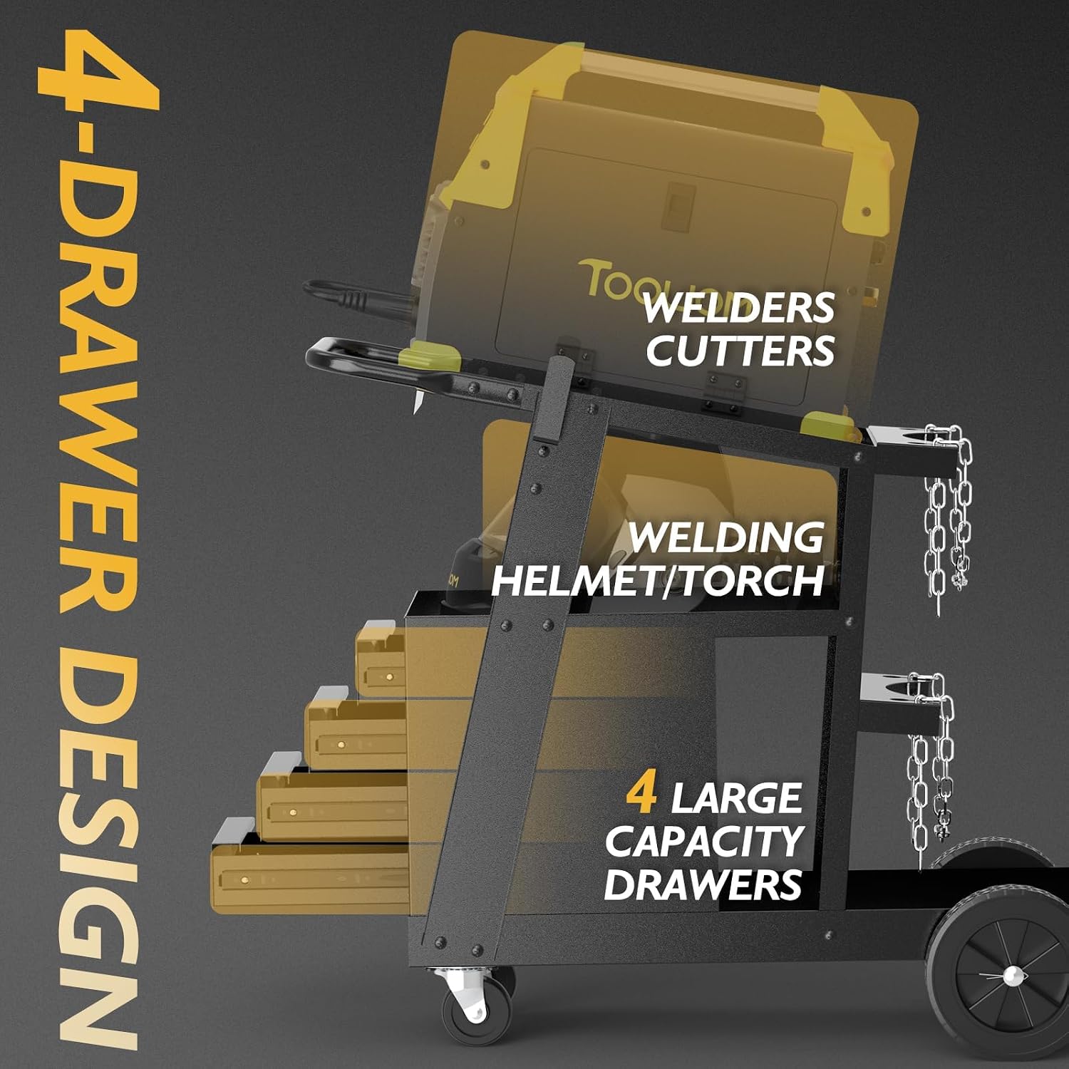 Thumbnail 3 de TOOLIOM Welding Cart with 4 Drawers Cabinet — 360° Swivel Welder Trolley