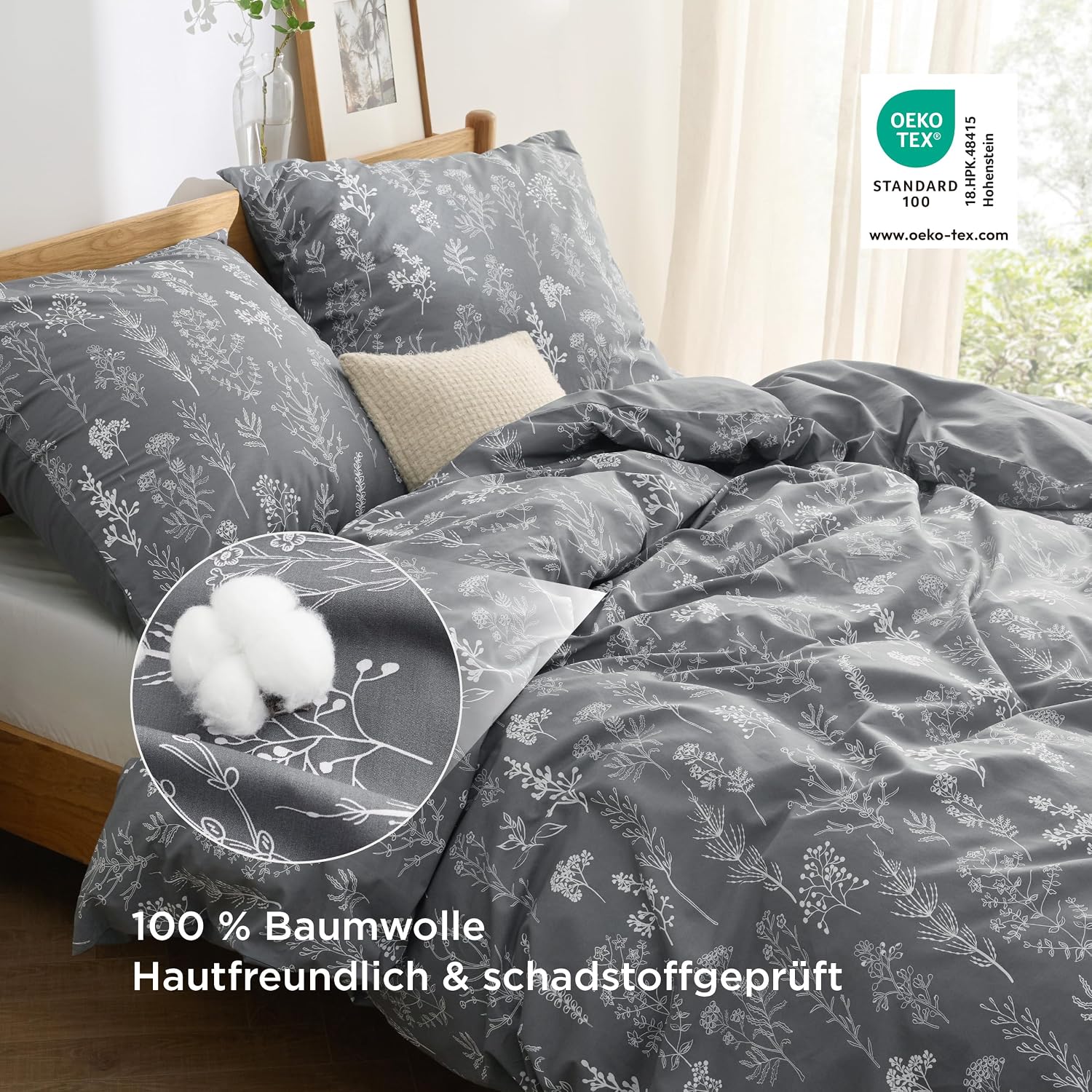 Detalle de BEDSURE Bettwäsche 135x200, 4-teilig aus Baumwolle (Grau) mit Wendedesign und Reißverschluss
