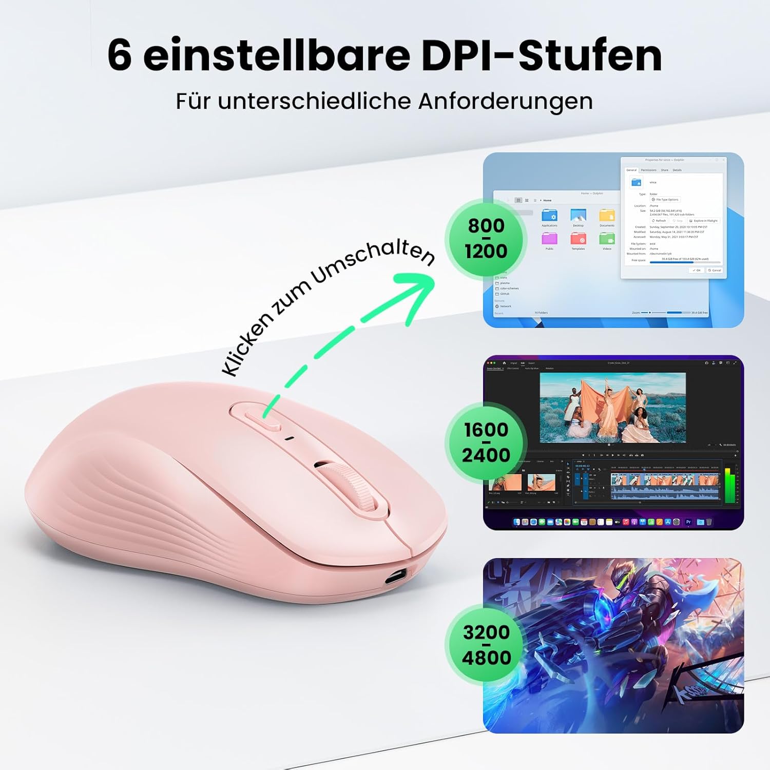 Thumbnail 3 de TECKNET Bluetooth Maus – Wiederaufladbar, 4800 DPI, leise und flexibel (BT 5.0/3.0 + 2.4 GHz) – Rosa