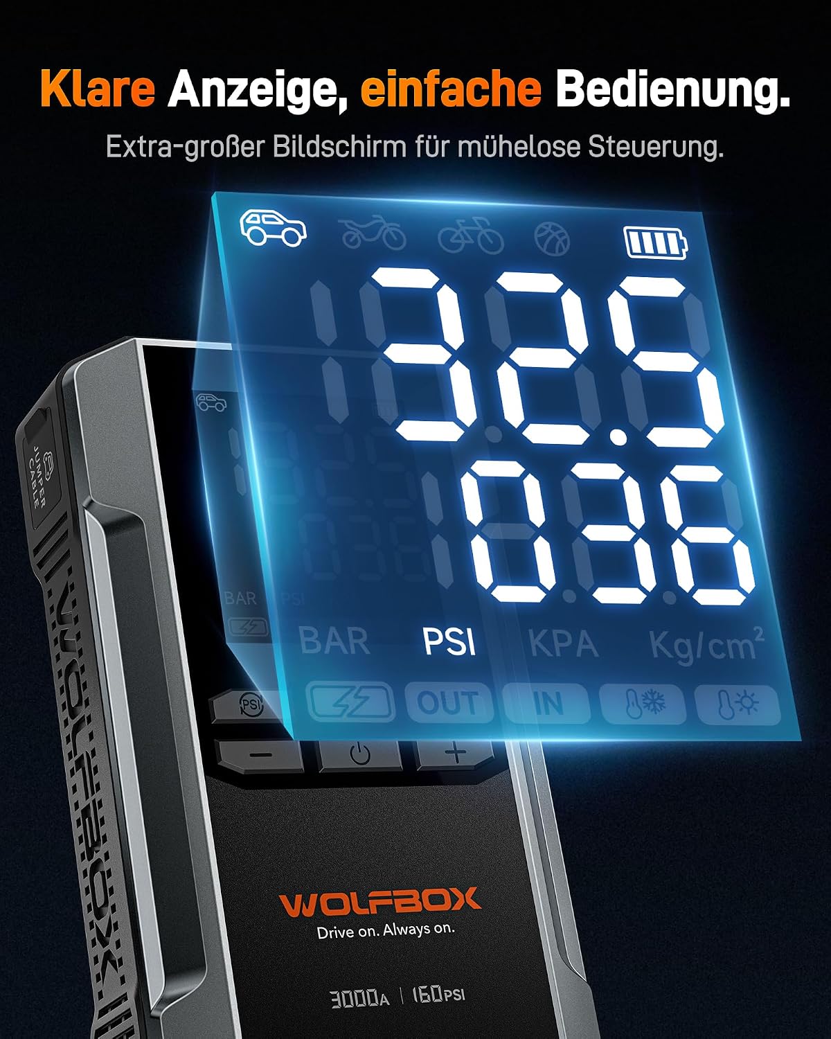 Detalle de WOLFBOX 2000A Starthilfe Powerbank mit Luftkompressor (150 PSI) und LED-Notlicht, 10.000 mAh