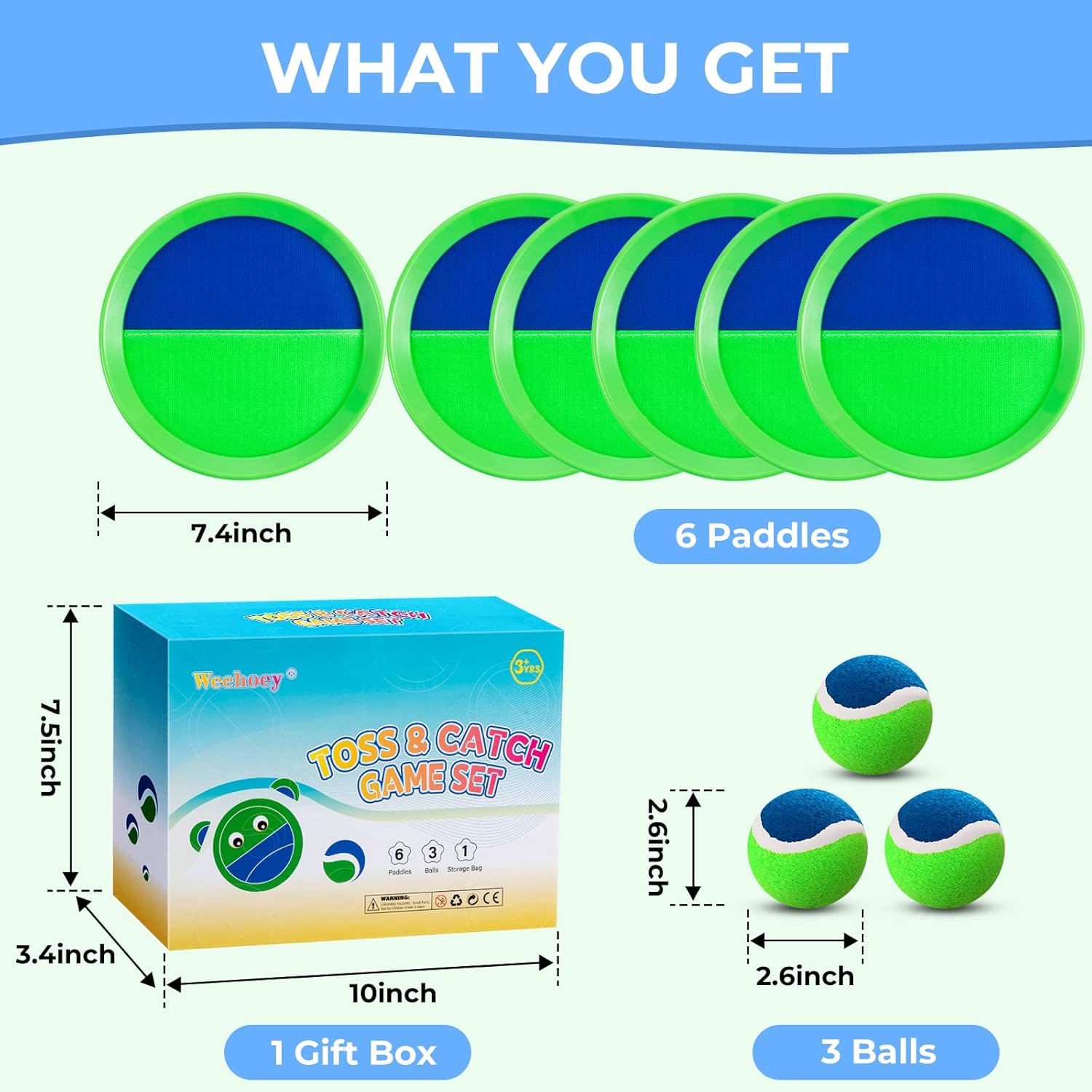 Thumbnail 2 de Beach Toys - Outdoor Toss and Catch Ball Set with 6 Paddles, 3 Balls, and Portable Storage Bag