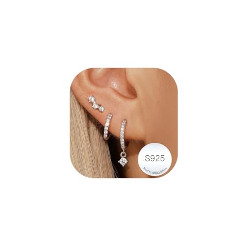 Detalle de Halora Silver Earrings for Women: 8 Styles in 3-Pair Sets – 925 Sterling Silver Hypoallergenic Studs & Hoops