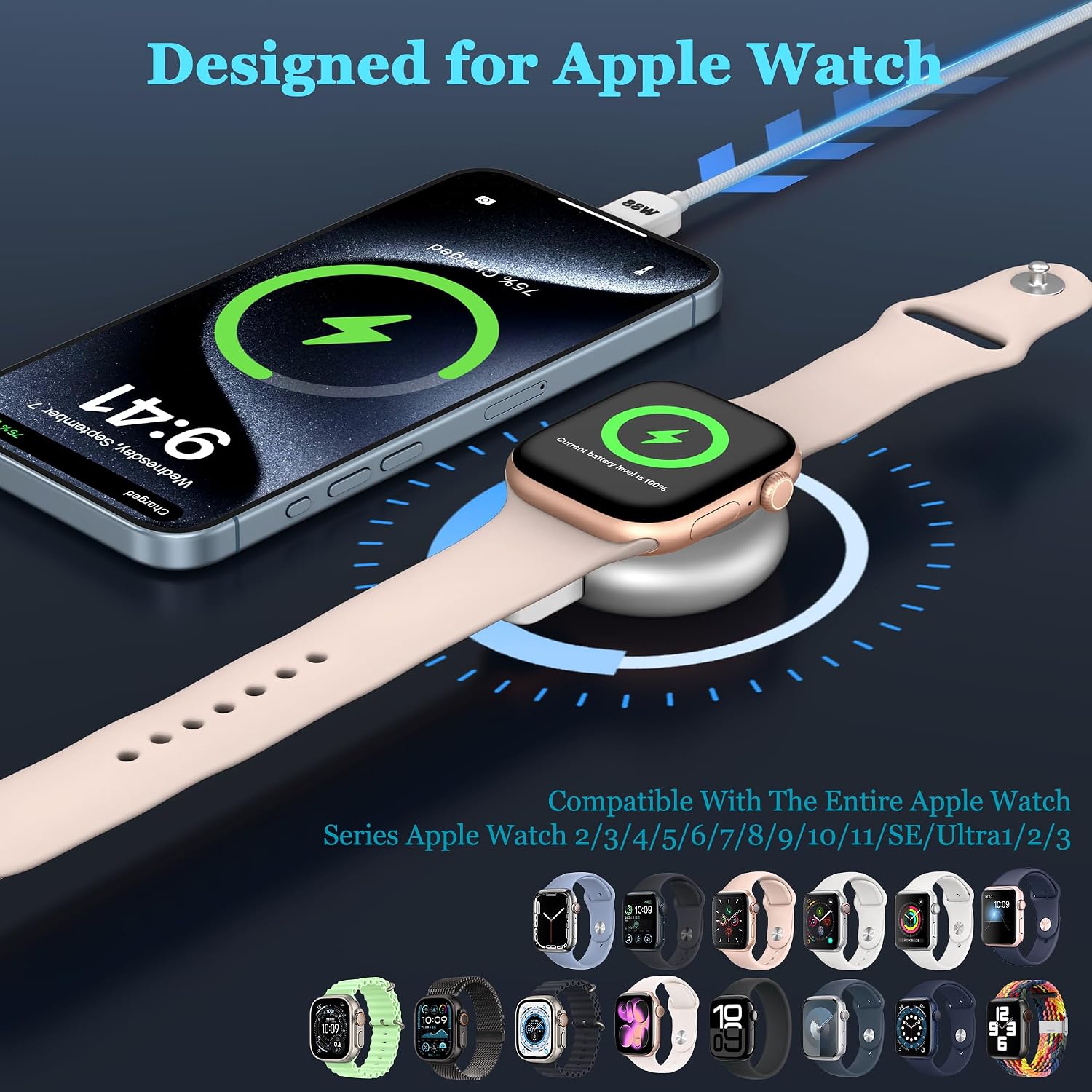 Detalle 2 de 【5W】for Apple Watch Charger with PD 88W Cable — Magnetic, Dual USB-C, Universal for Apple Watch