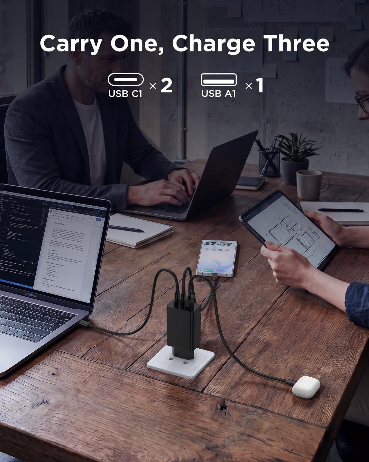 Detalle 2 de 65W USB‑C Ladegerät mit 3 Ports für Samsung Galaxy S26/S25 Ultra – Kompaktes Netzteil inklusive Kabel