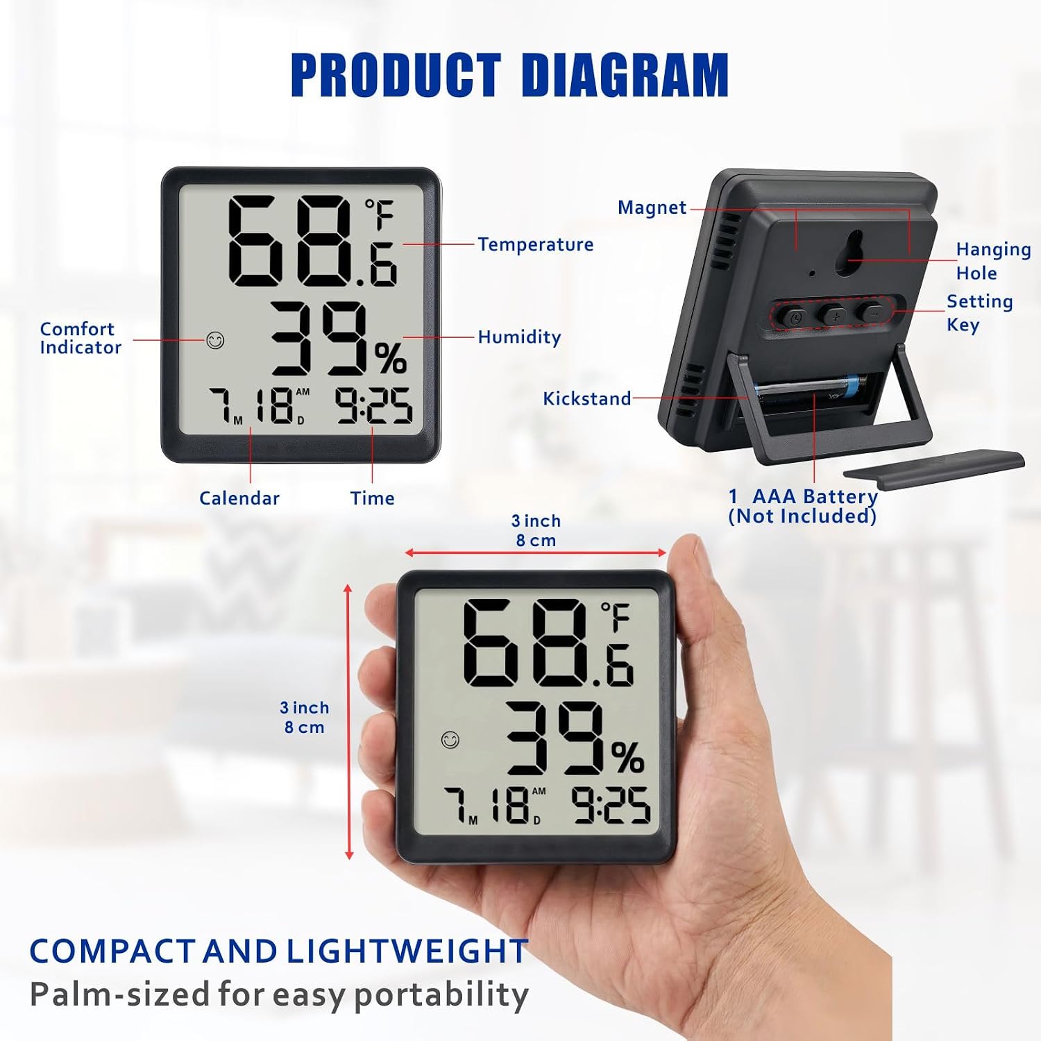 Detalle de Plumeet VLEU-8052-BL digitale hygrometer en thermometer met klok