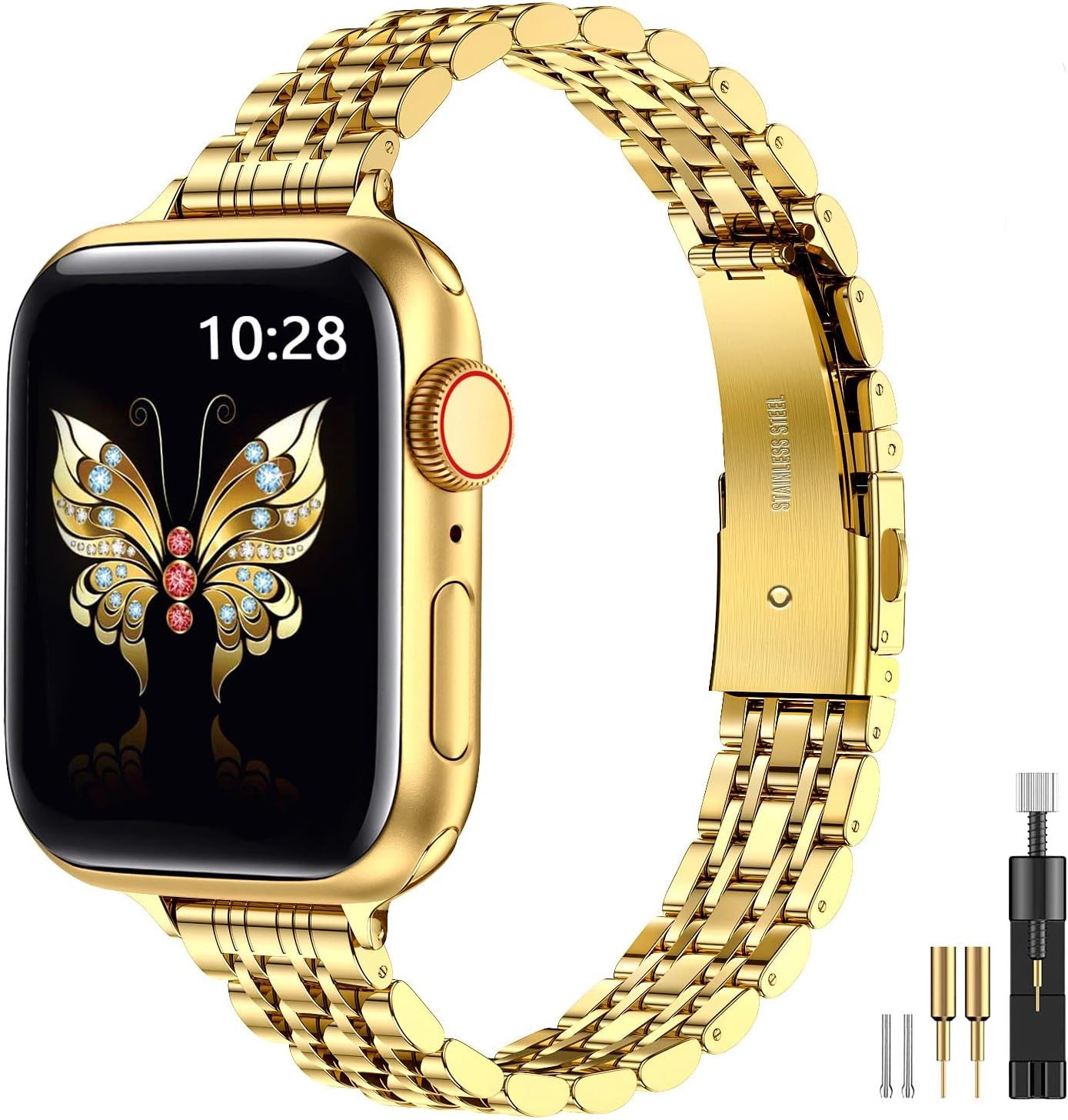 Detalle de MioHHR Slim Straps Thin Stainless Steel Chain Band for Apple Watch (Gold) – 42mm–49mm compatible
