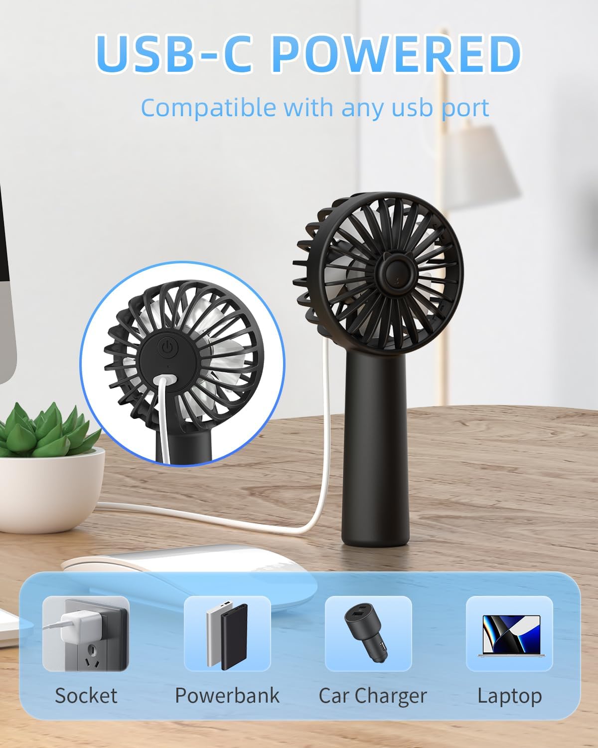 Detalle de KIDEE Portable Handheld Fan: 3 speeds, 1800mAh USB Rechargeable Mini Fan for Travel, Makeup & Everyday Use
