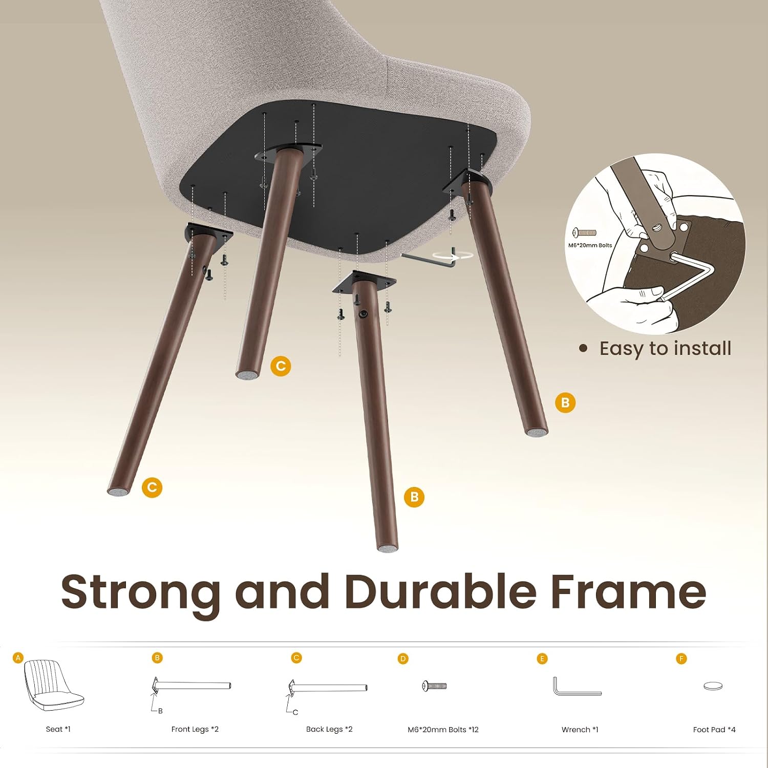 Thumbnail 6 de MALOL VC-DCW21-CAM-FB Dining Chairs, Set of 2, Camel Fabric and Rubberwood