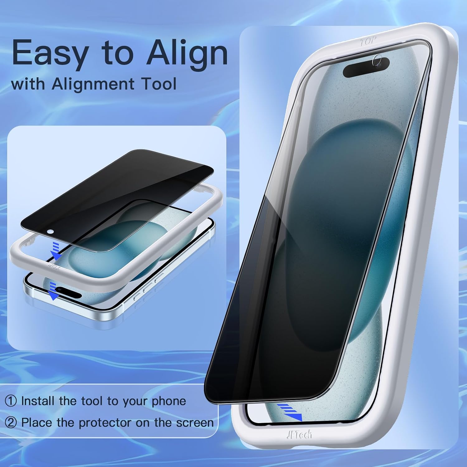 Detalle 1 de JETech 1265- Privacy Screen Protector for iPhone 15 Plus, 9H Glass, 2-Pack