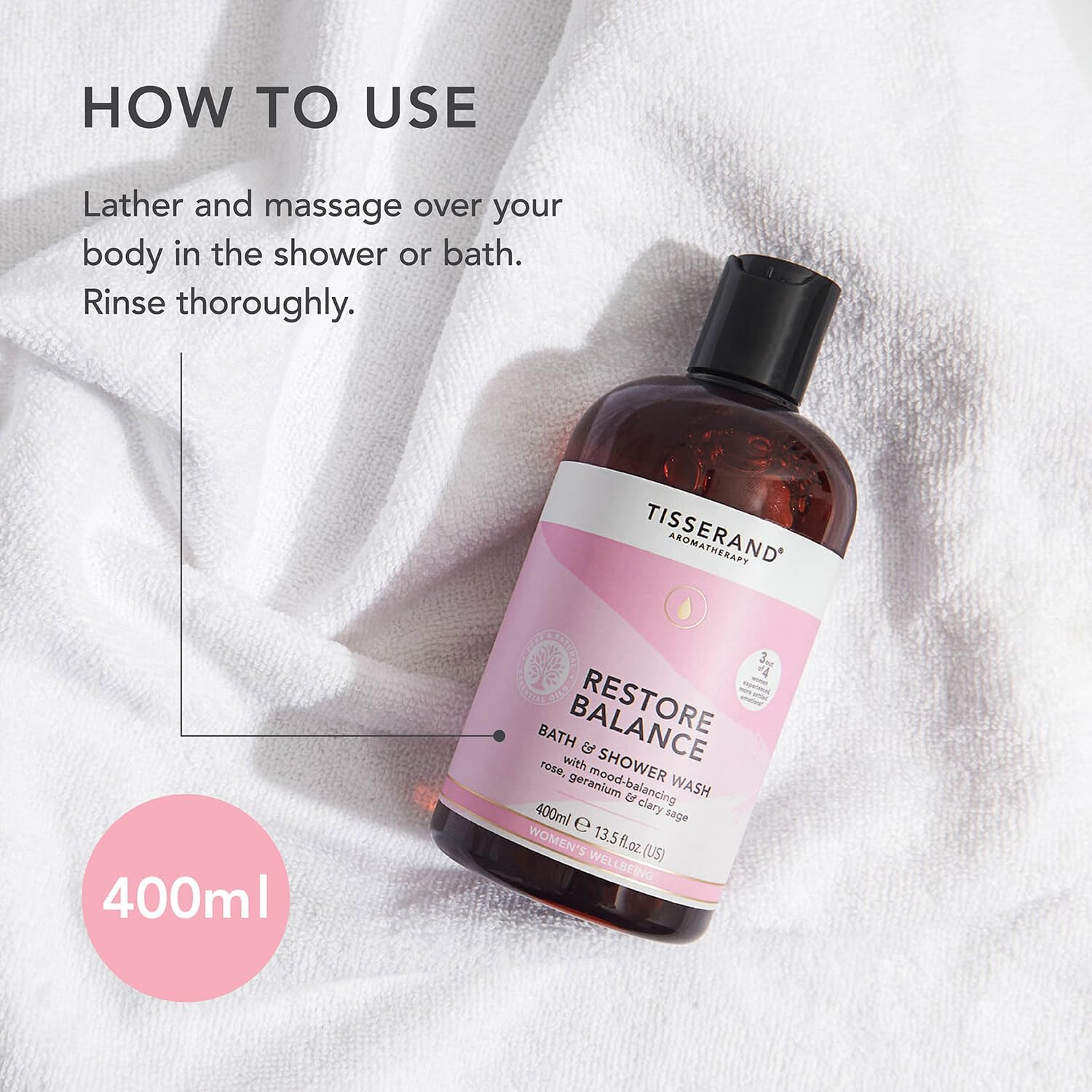 Thumbnail 6 de Tisserand Restore Balance Bath & Shower Wash for Perimenopause, Menopause & Menstruation – Rose, Clary Sage & Geranium (400ml)