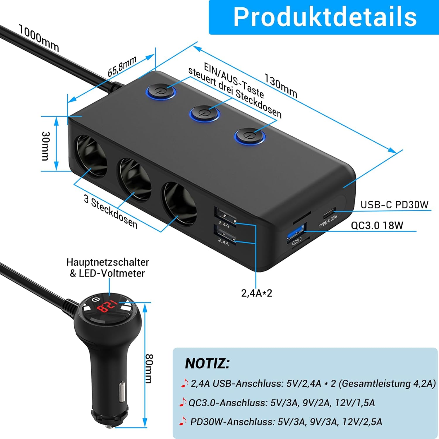 Thumbnail 1 de PD 30W 12V Verteiler 200W KFZ-Zigarettenanzünder Adapter mit Schalter & 4× USB – 3 Mehrfachsteckdosen