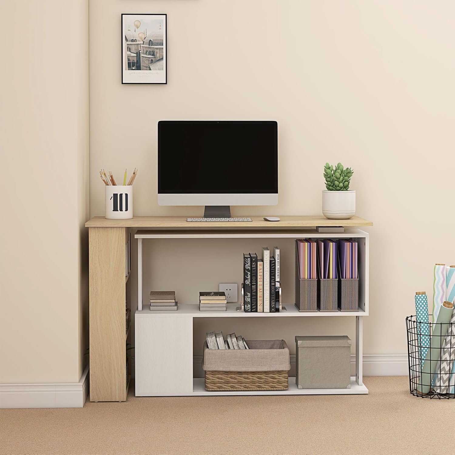 Detalle 2 de HOMCOM Bureau d'angle Table de Salle à Manger avec Rangement modulable et bibliothèque intégrée (Blanc et Bois naturel)