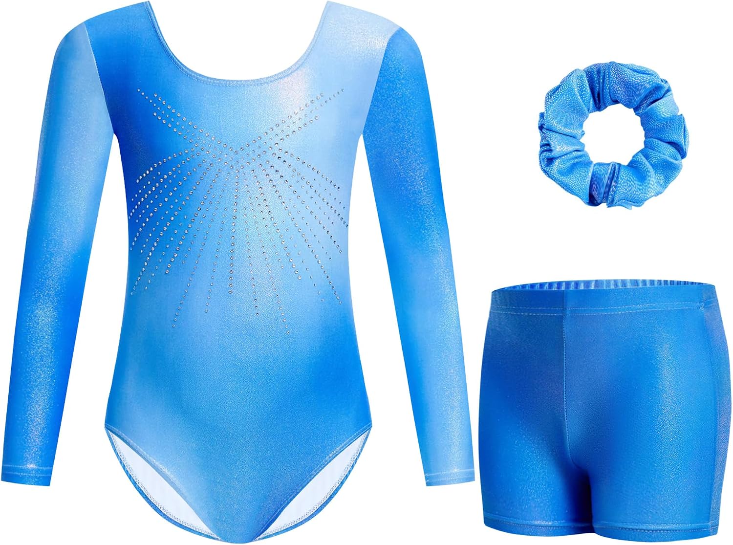 Thumbnail 6 de Gogokids Girls Three-Piece Gymnastics Leotards Set (Long Sleeve, Shorts & Hairband) with Gradient Sequin Design