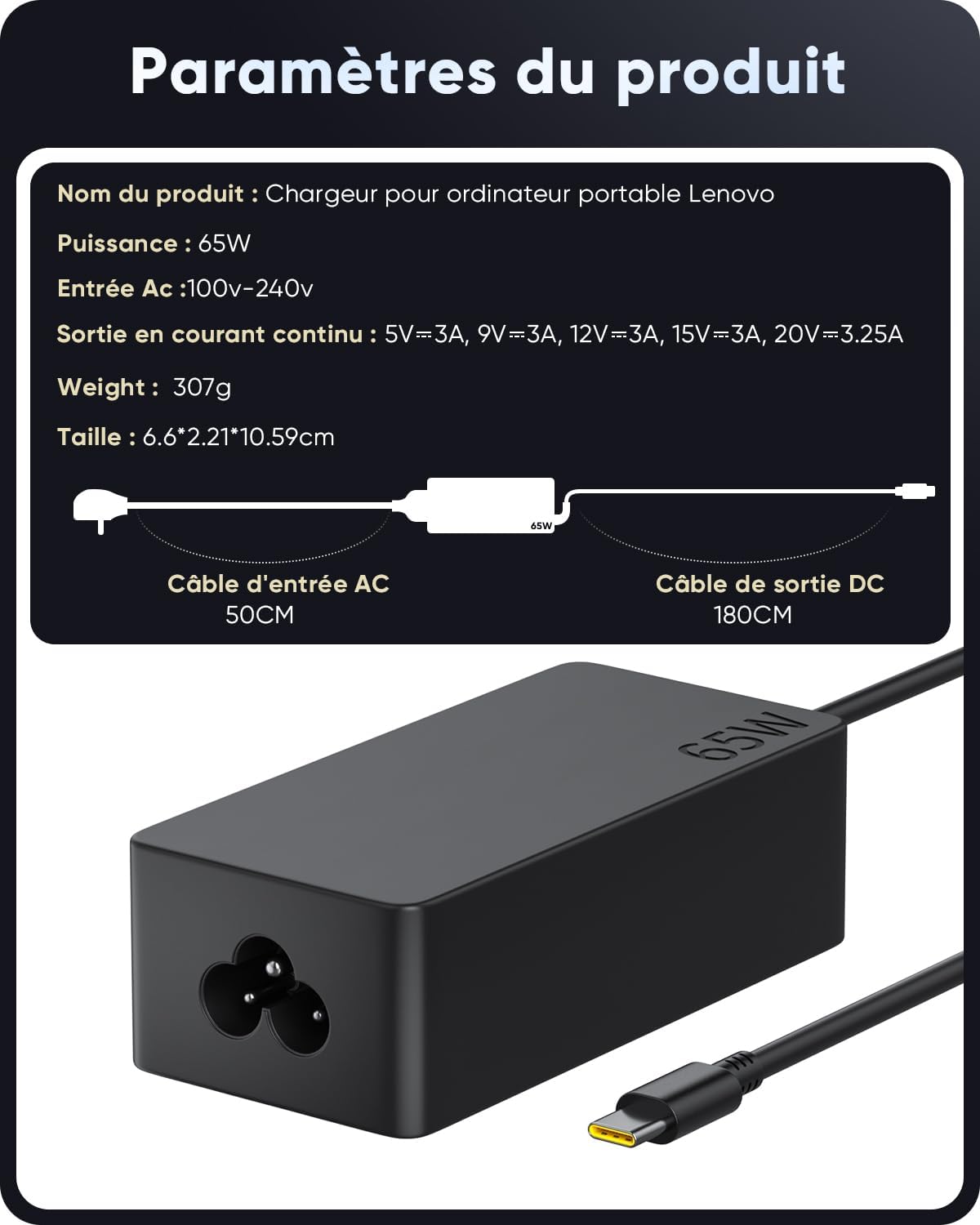 Thumbnail 4 de Chargeur 65W USB‑C pour Lenovo ThinkPad et Yoga (Power Delivery, prise USB‑C)