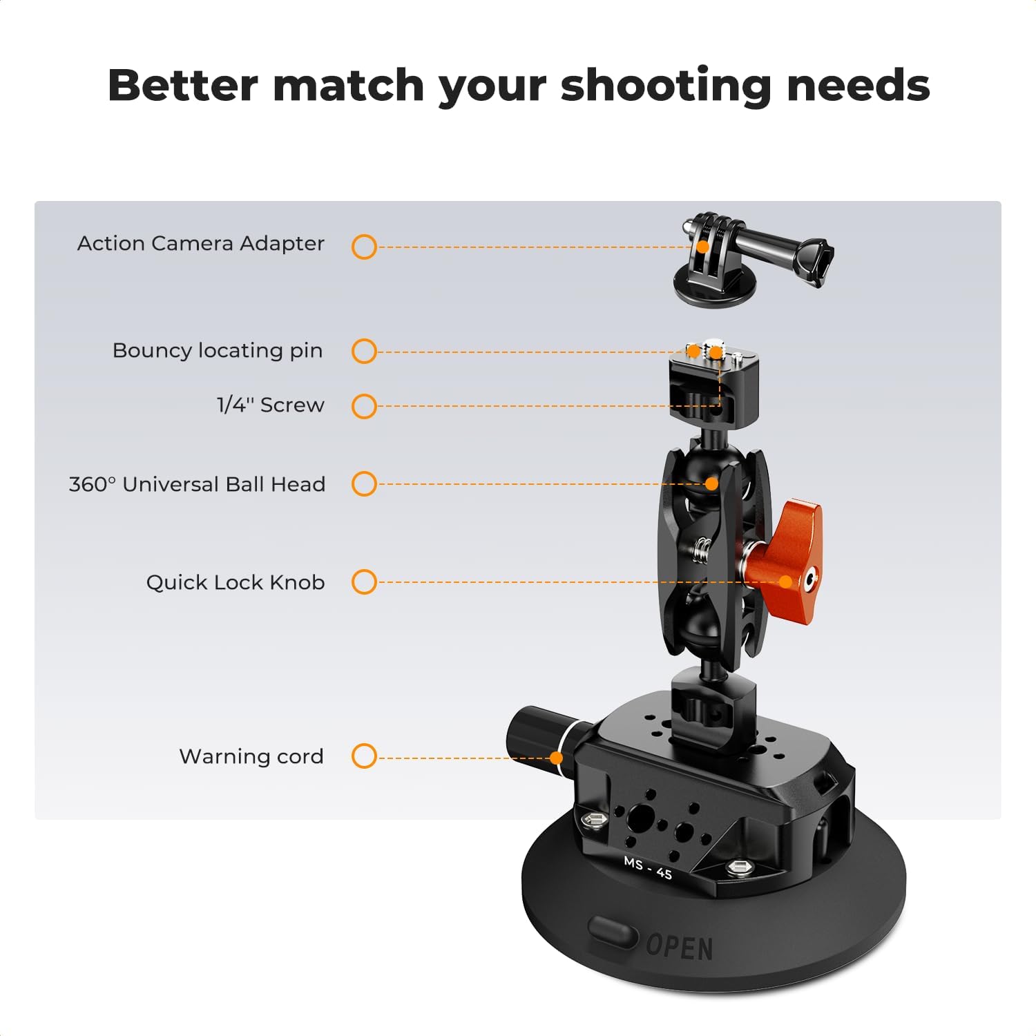 Detalle de K&F CONCEPT supporto fotocamera a ventosa 4,5" con braccio magico e testa sferica (compatibile GoPro, Insta360, telefono)