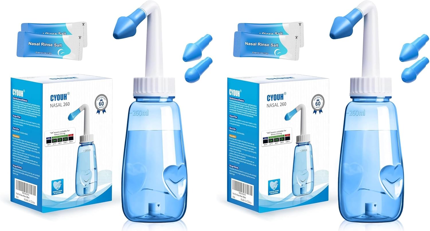 Detalle de CYOUR Nasendusche Set 260 ml – inkl. 60 Nasenwasch-Salzpaketen und Aufkleberthermometer (grün) für eine sanfte Nasenspülung