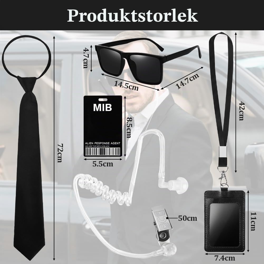 Detalle 2 de Alaoo agentkostymtillbehör, 6 delar i svart med slips, solglasögon och agent-ID