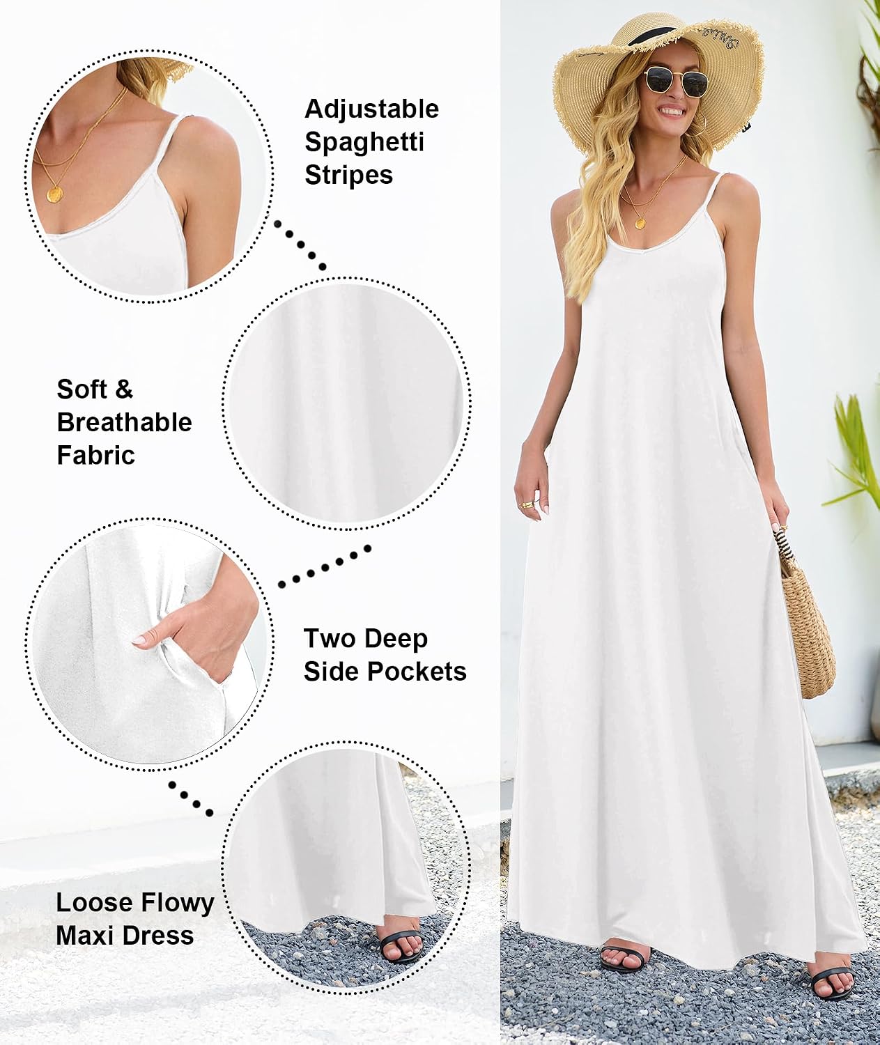 Detalle 2 de Wolddress Women’s Maxi Dress with Pockets (Plus Size S-5X) — Adjustable Spaghetti Strap Casual Long Dress
