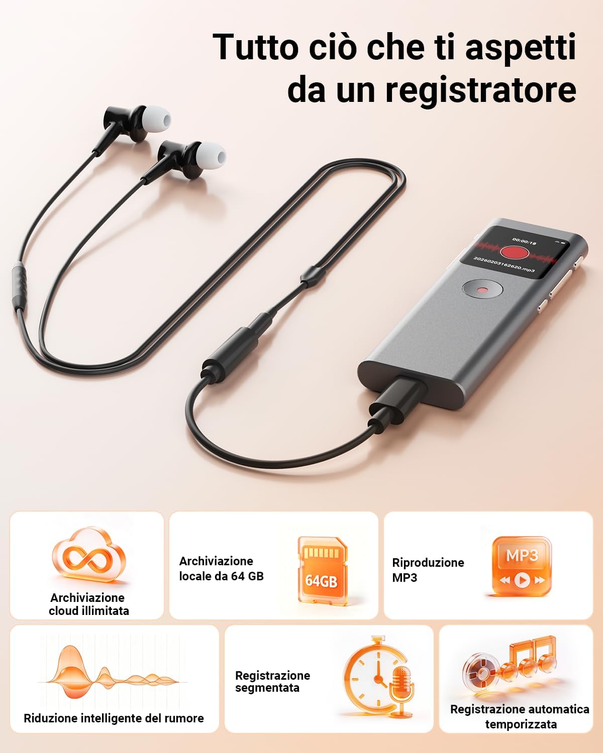 Thumbnail 4 de NUASI Registratore Vocale AI 64GB: registrazione, trascrizione e riassunti con supporto multilingue