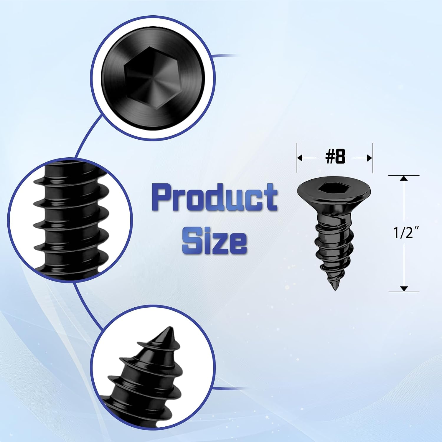 Detalle de INDPROD #8 x 1/2" Self-Tapping Screws, 200-Piece Black Zinc Set