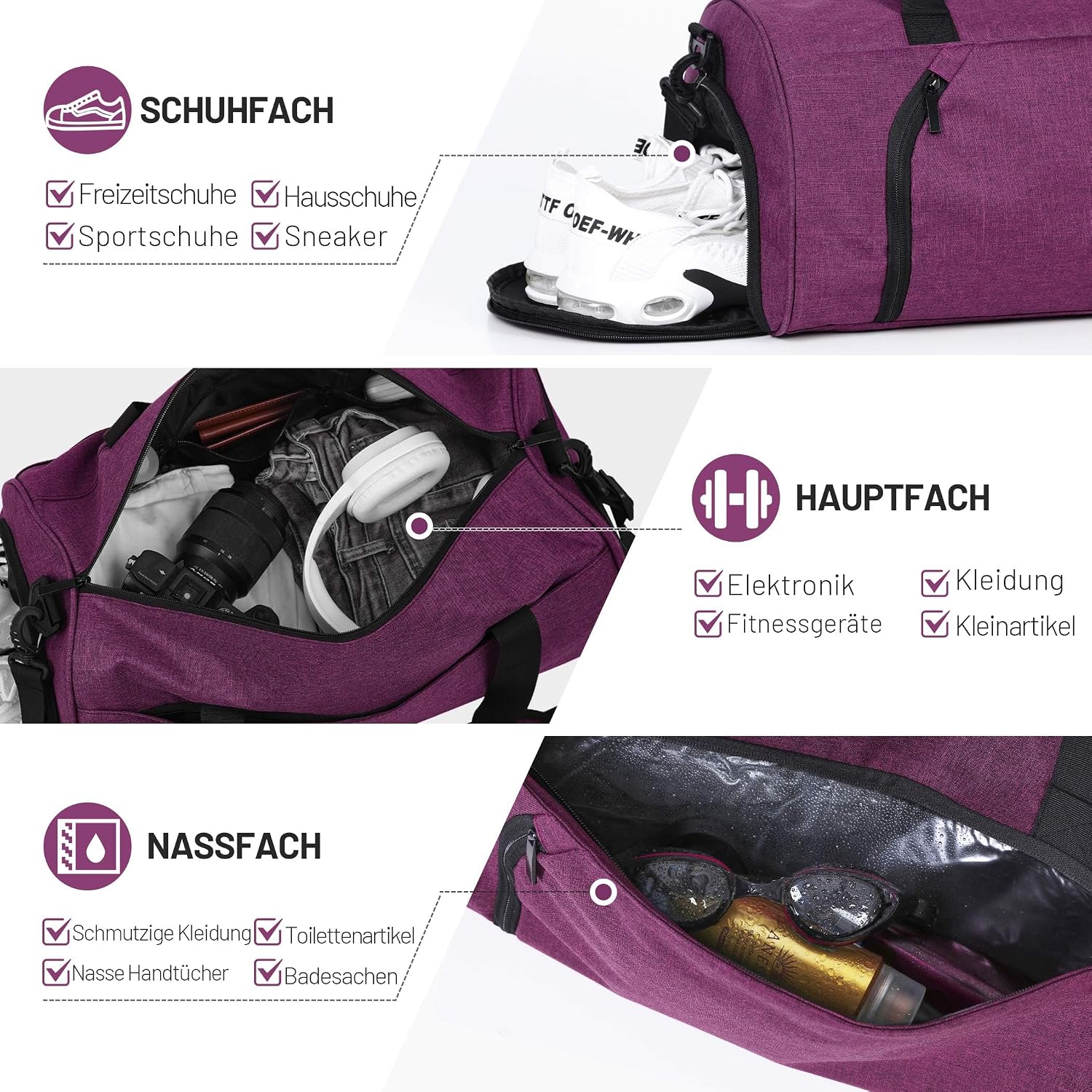 Detalle 2 de BECOJADDE 35L Sporttasche Damen & Herren – multifunktionale Reisetasche mit Schuhfach & Nassfach, wasserdichtes Handgepäck-Upgrade in Lila