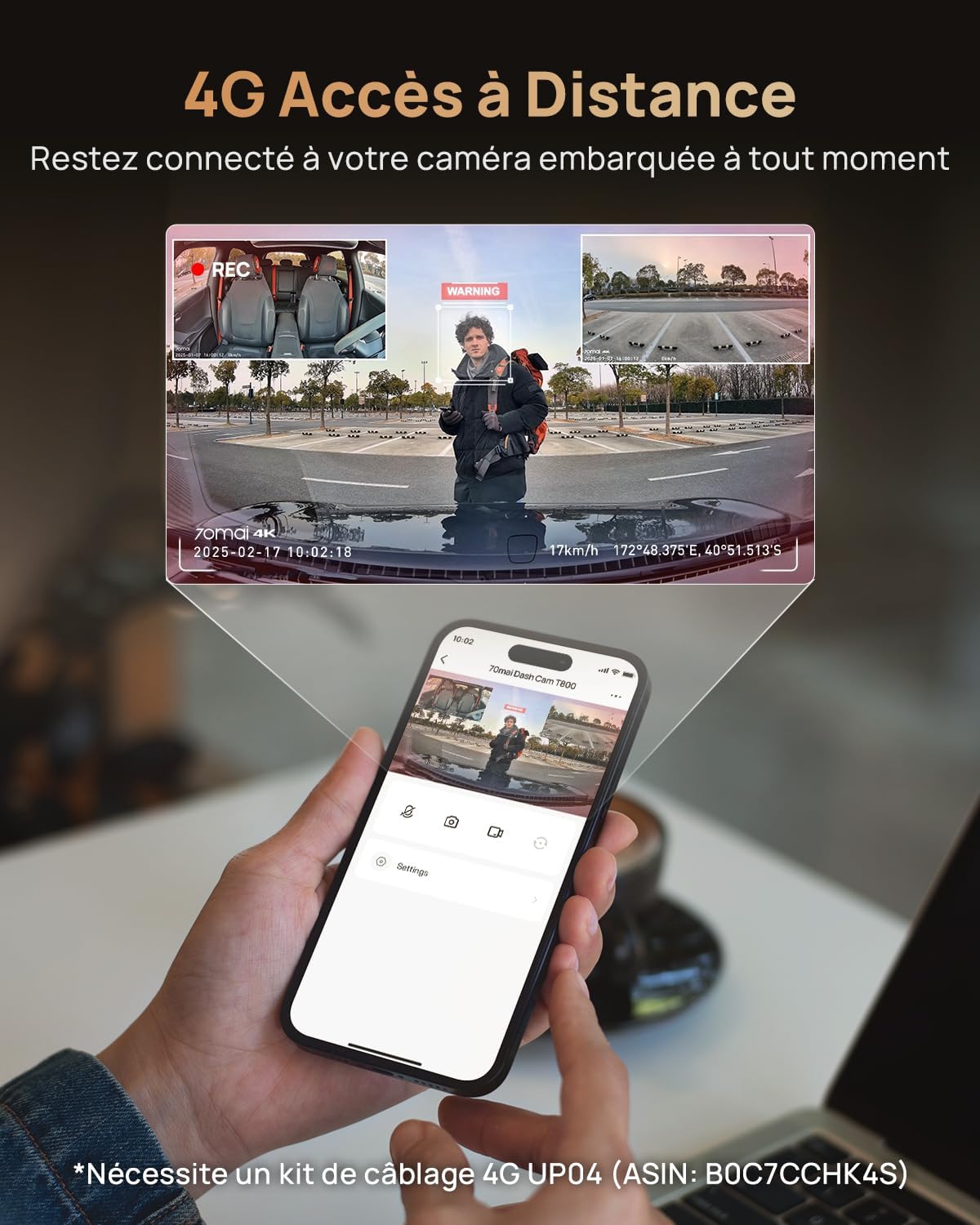 Thumbnail 6 de 70mai Dashcam 4K T800 – 3 canaux: front 4K + rear 4K + intérieur 1080P, HDR, 4G et IA