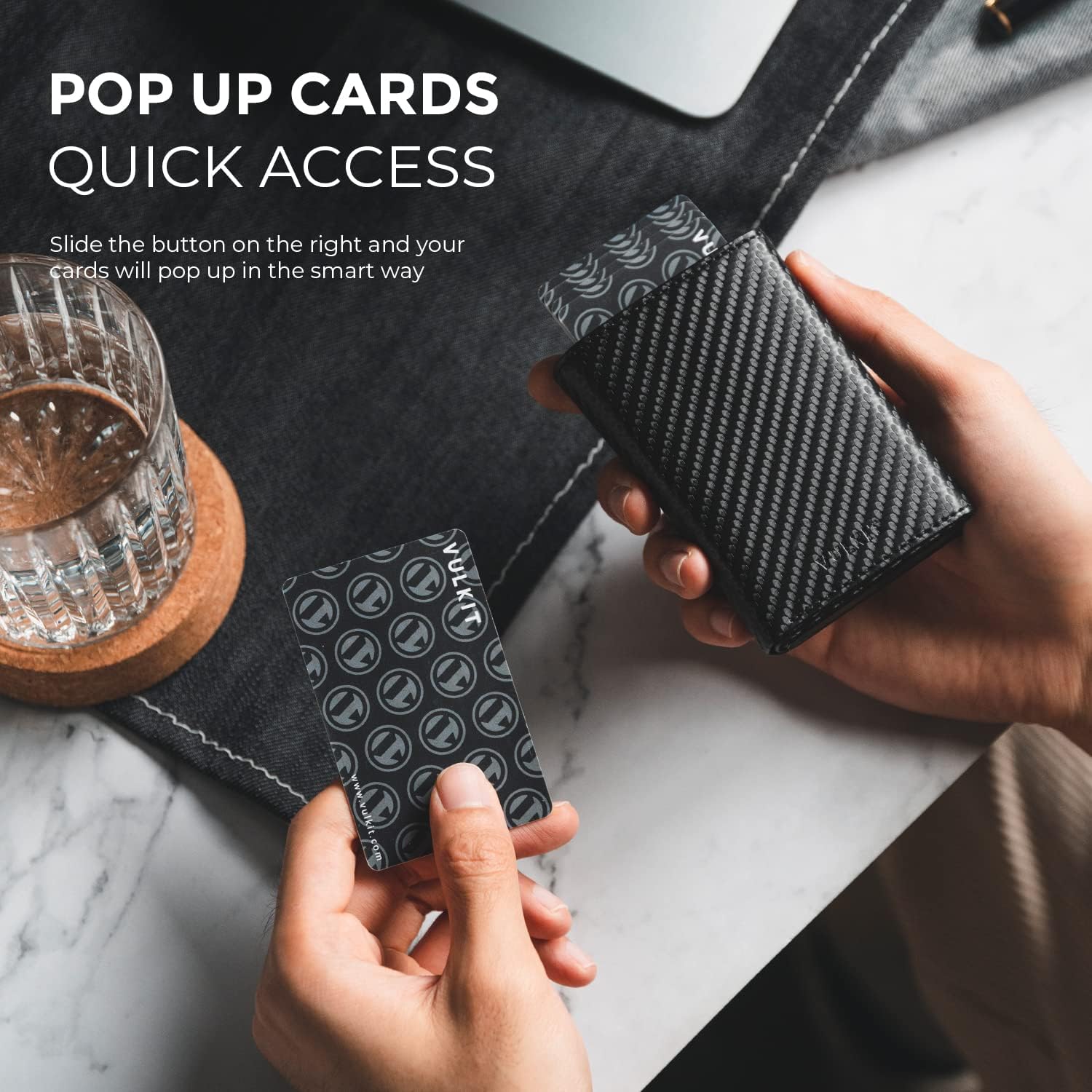 Detalle de VULKIT Leather Pop Up Card Wallet with RFID Blocking and Banknote Compartment