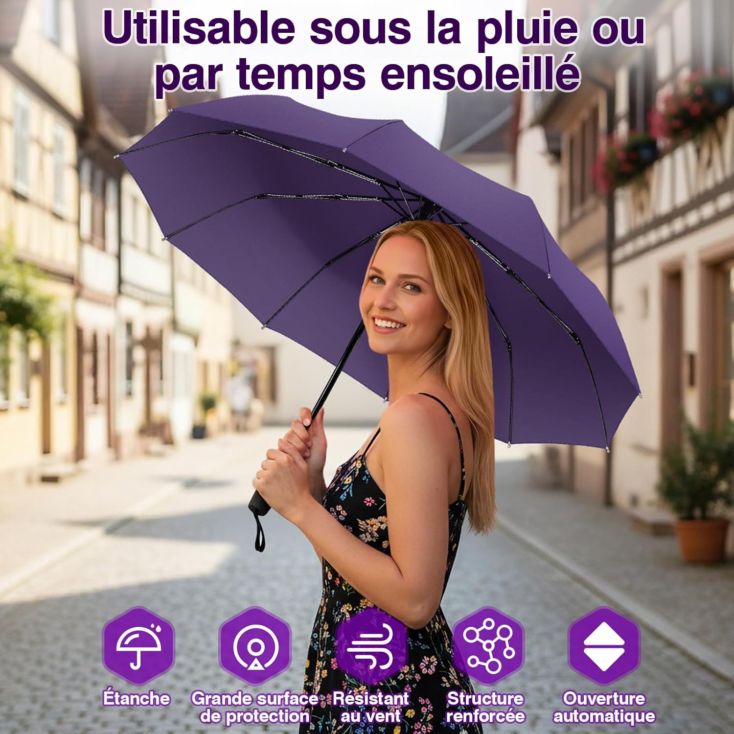 Detalle 2 de ZOMAKE Parapluie pliant compact anti-vent à ouverture automatique (mini noir)