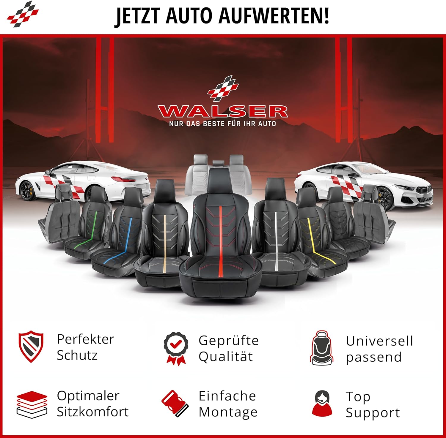Thumbnail 6 de Walser Premium Sitzauflage Auto Kimi – Sitzschoner Vordersitze schwarz/rot im Rennsport-Design