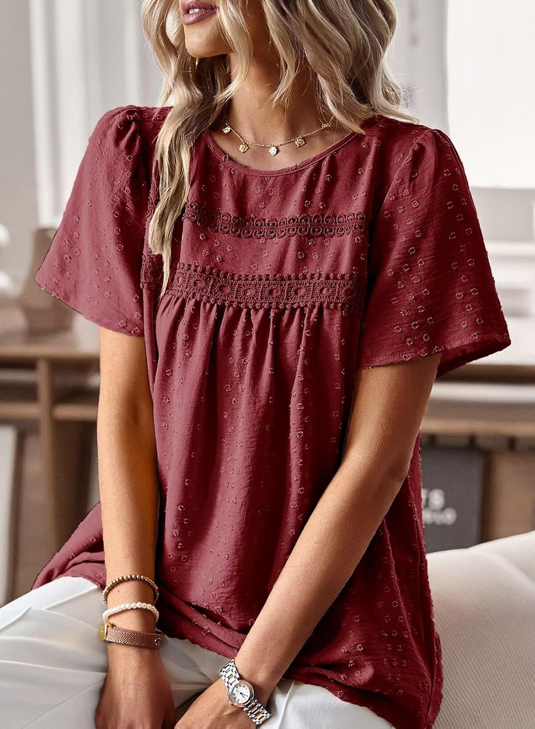 Detalle 2 de Sommer Boho Bluse mit Rundhalsausschnitt