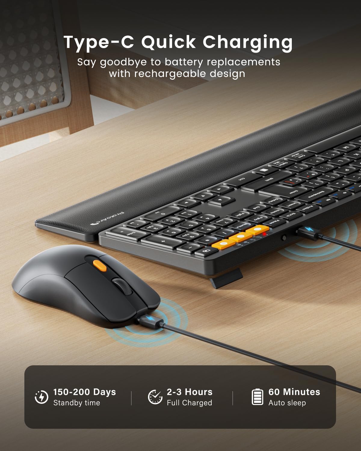 Thumbnail 3 de ProtoArc KM60 Bluetooth Wireless Keyboard and Mouse (QWERTY UK) with wrist rest, rechargeable, dual 2.4GHz + Bluetooth, black