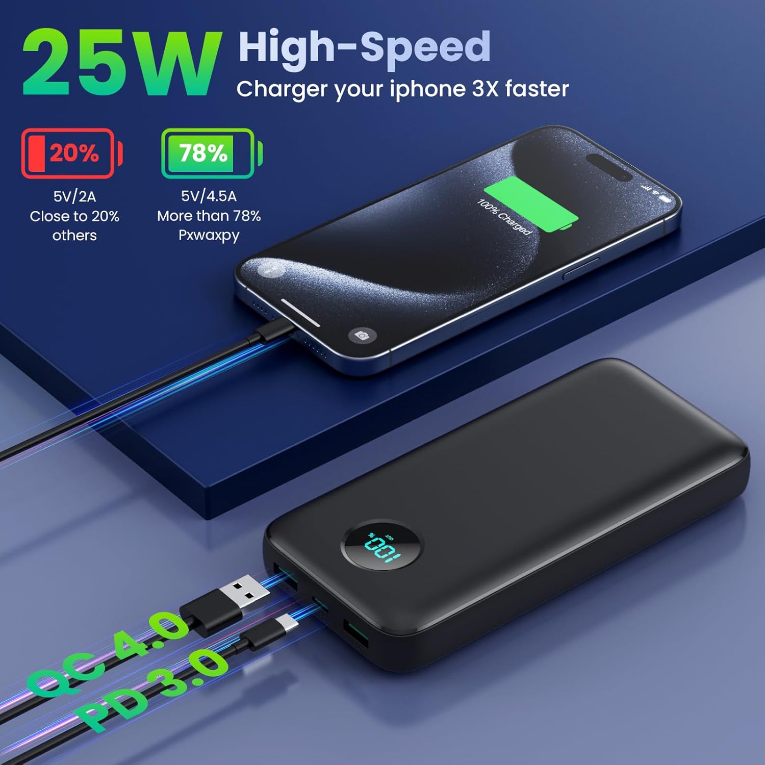 Detalle de Pxwaxpy Power Bank 26800mAh con cable y PD 25W (QC4.0) + pantalla LCD