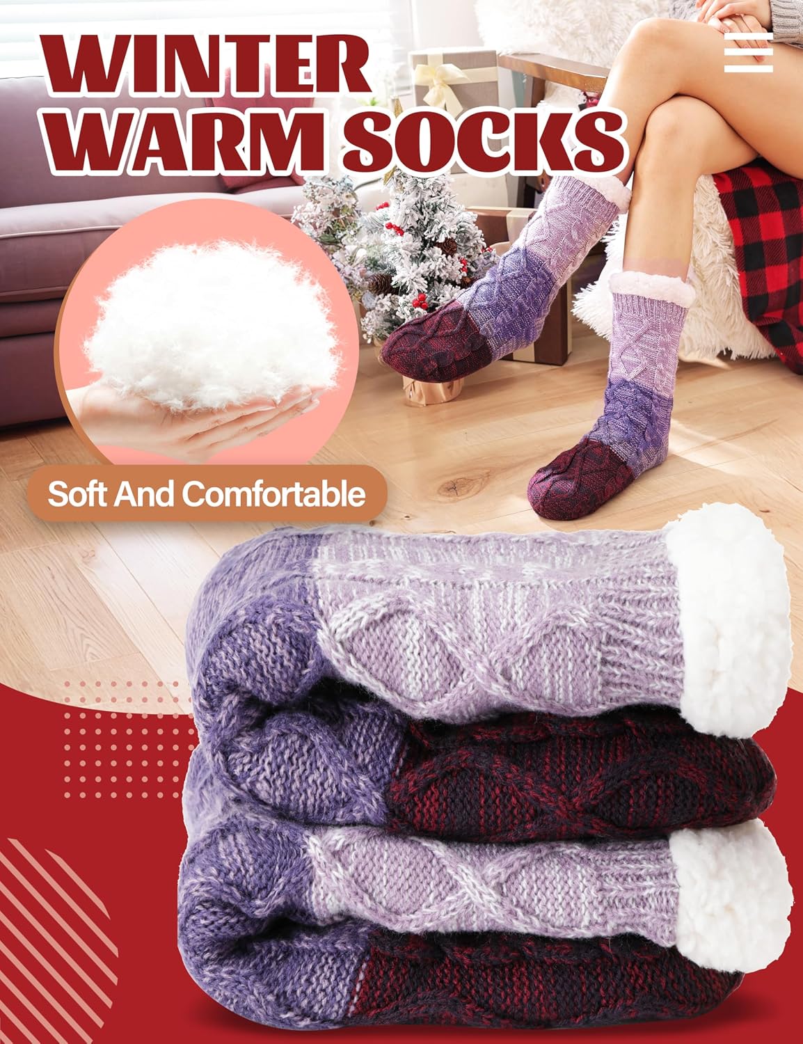 Thumbnail 4 de Anlisim Women’s Fuzzy Slipper Socks with Non-Slip Grips and Thermal Inner