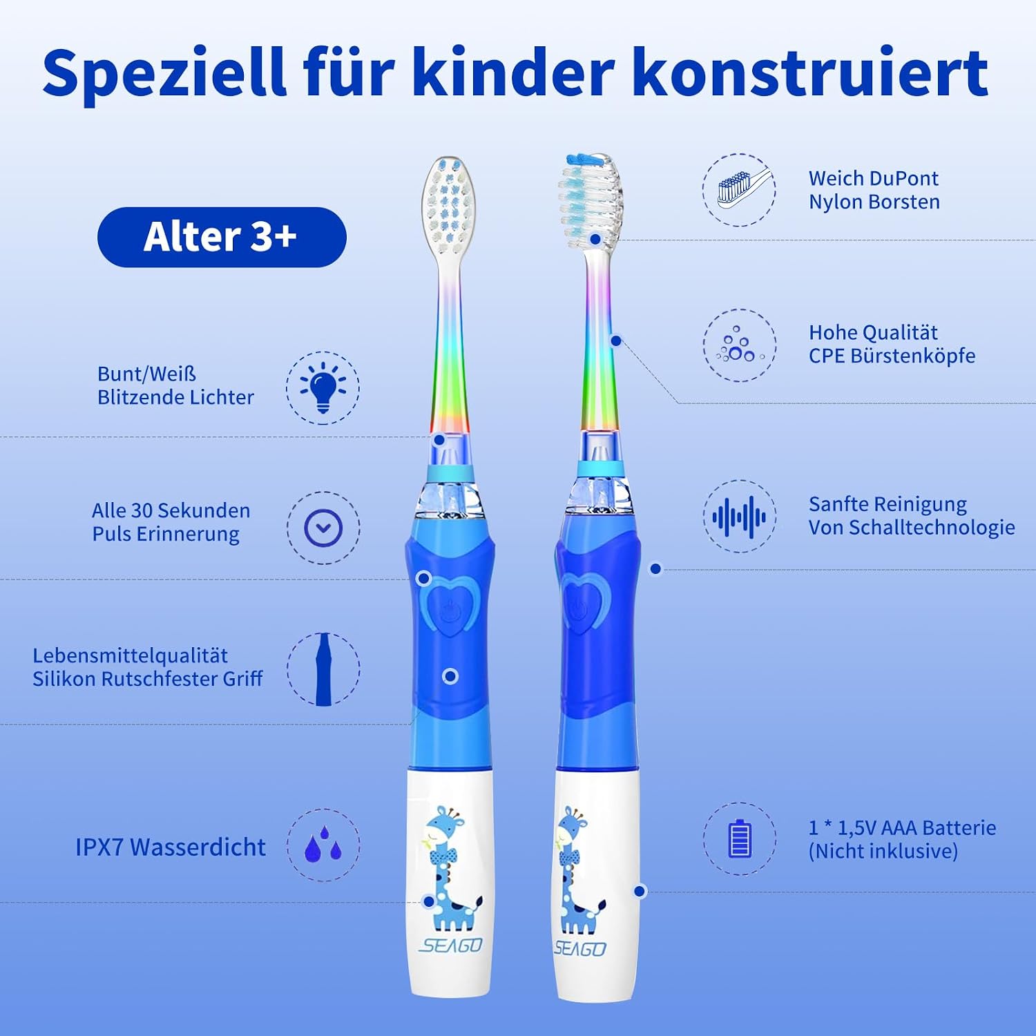 Thumbnail 6 de Seago Elektrische Zahnbürste für Kinder SG977 (ab 3 Jahren) – mit Smart-Timer, 8 weichen Bürstenköpfen und LED-Licht