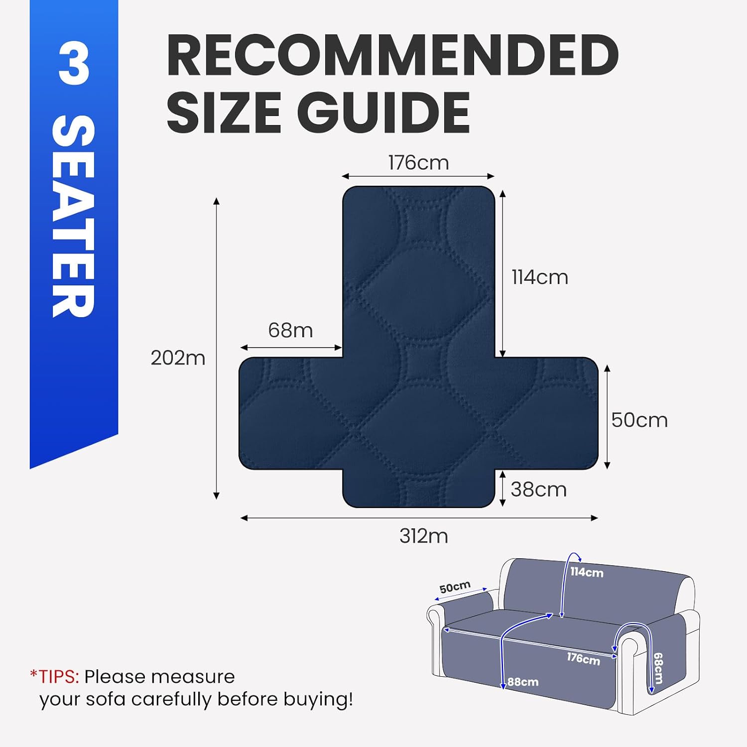 Detalle de Ystyle Impermeable Funda Sofa 3 Plazas Azul Berlín