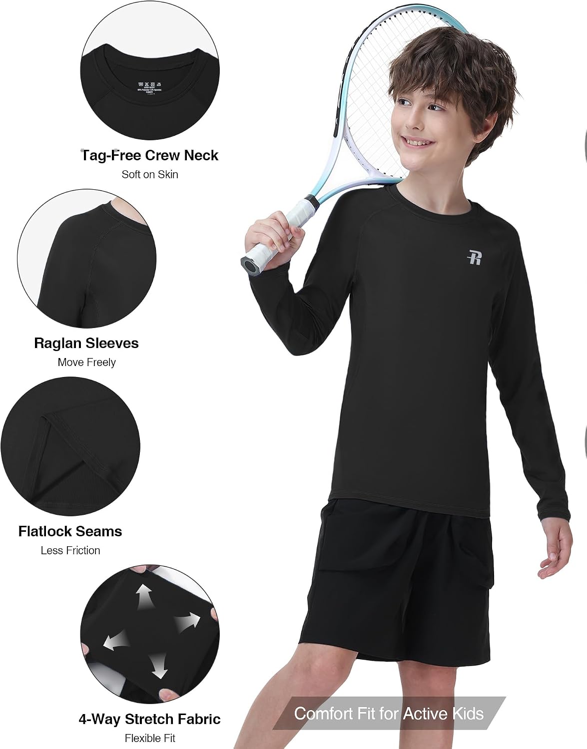 Detalle de Runhit Boys Compression Shirt Long Sleeve: UPF 50+ base layer for active kids